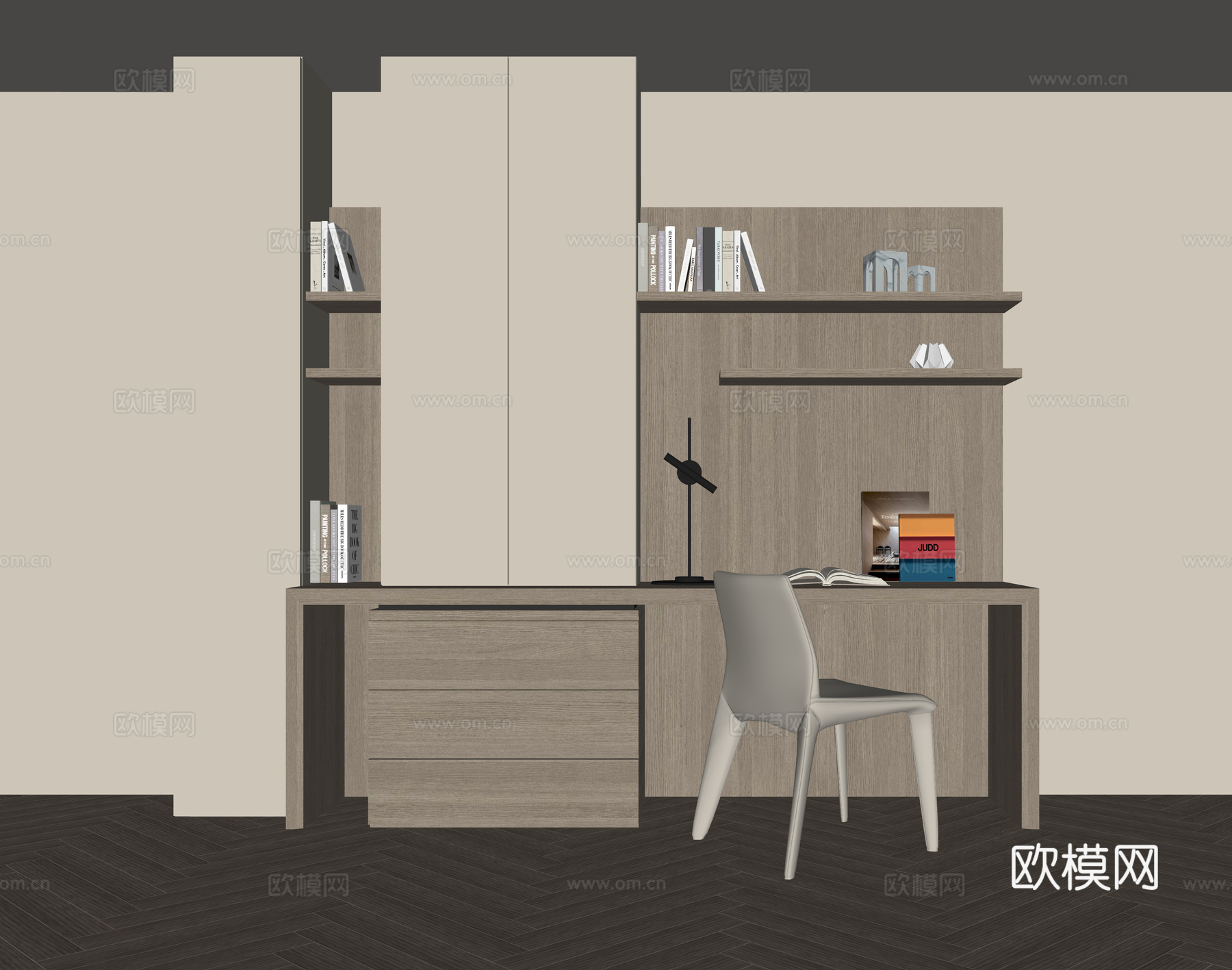 现代书桌一体柜su模型