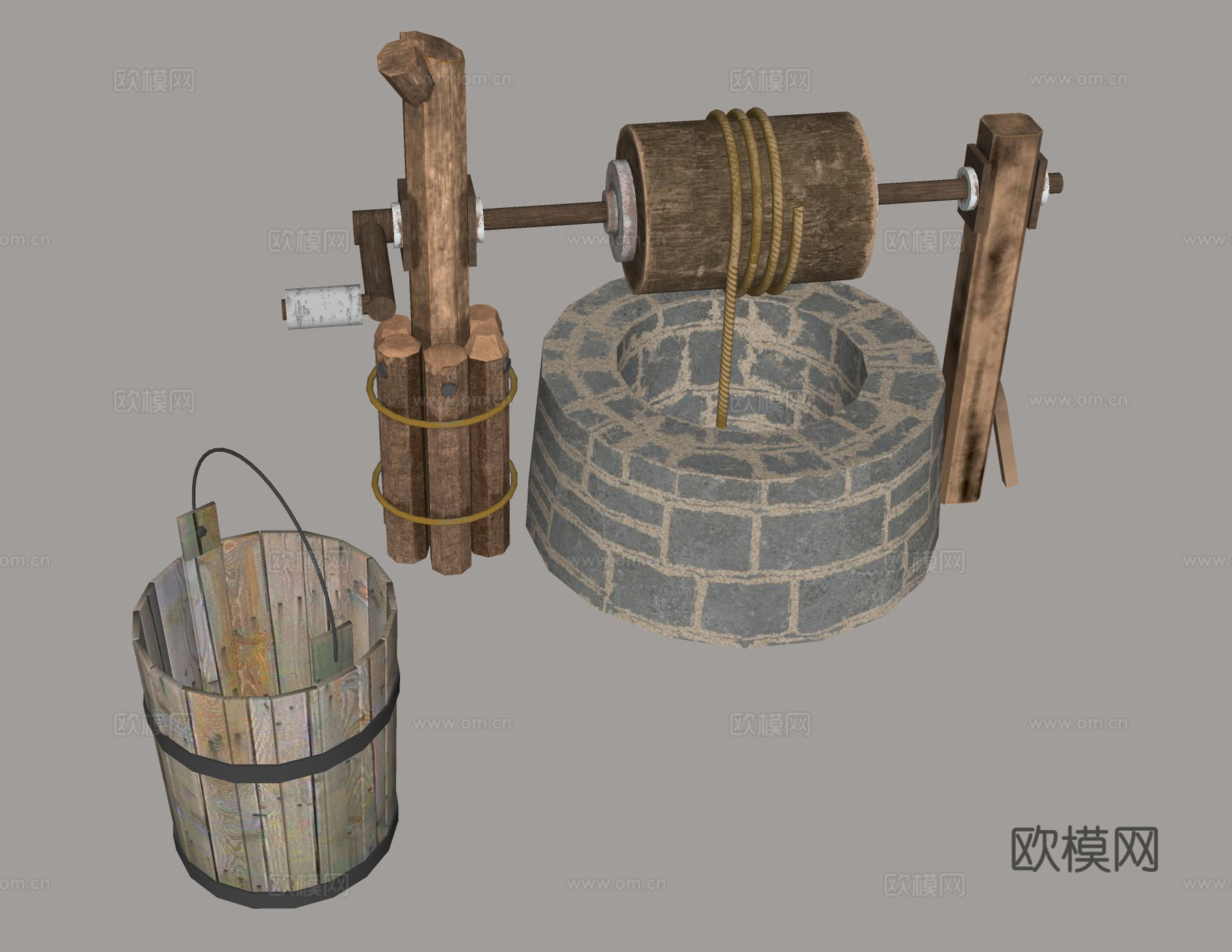 复古设计 乡村元素古井 传统农具 历史物件 水井 木桶su模型