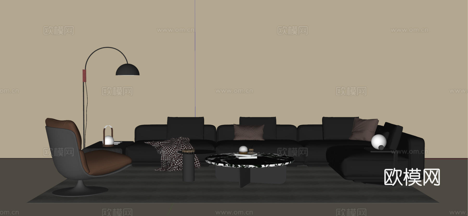 现代意式沙发茶几组合 皮质沙发 转角沙发 休闲椅 落地灯 地su模型