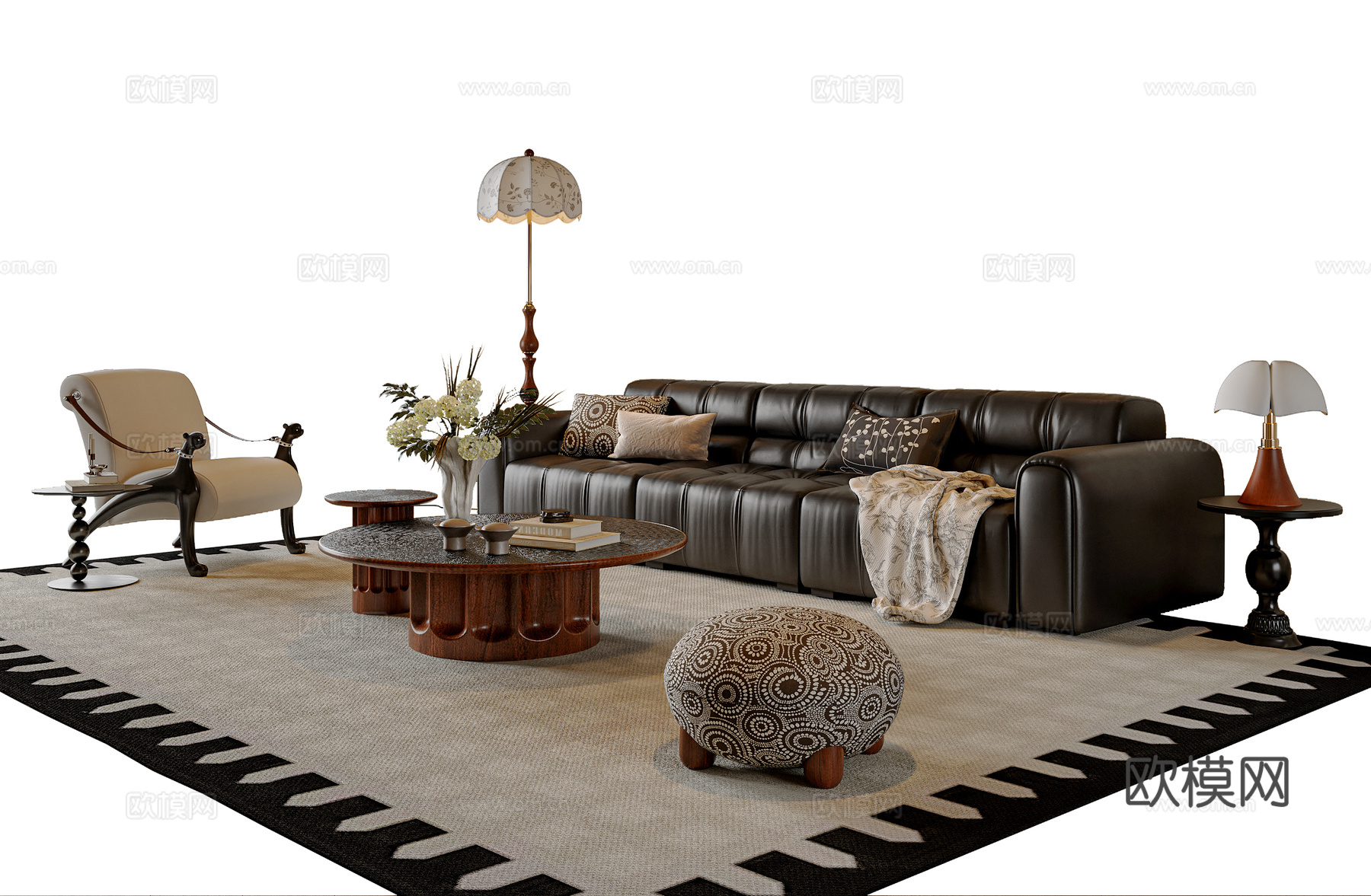 现代中古风沙发茶几 中古风休闲椅 茶几 中古风落地灯3d模型下载