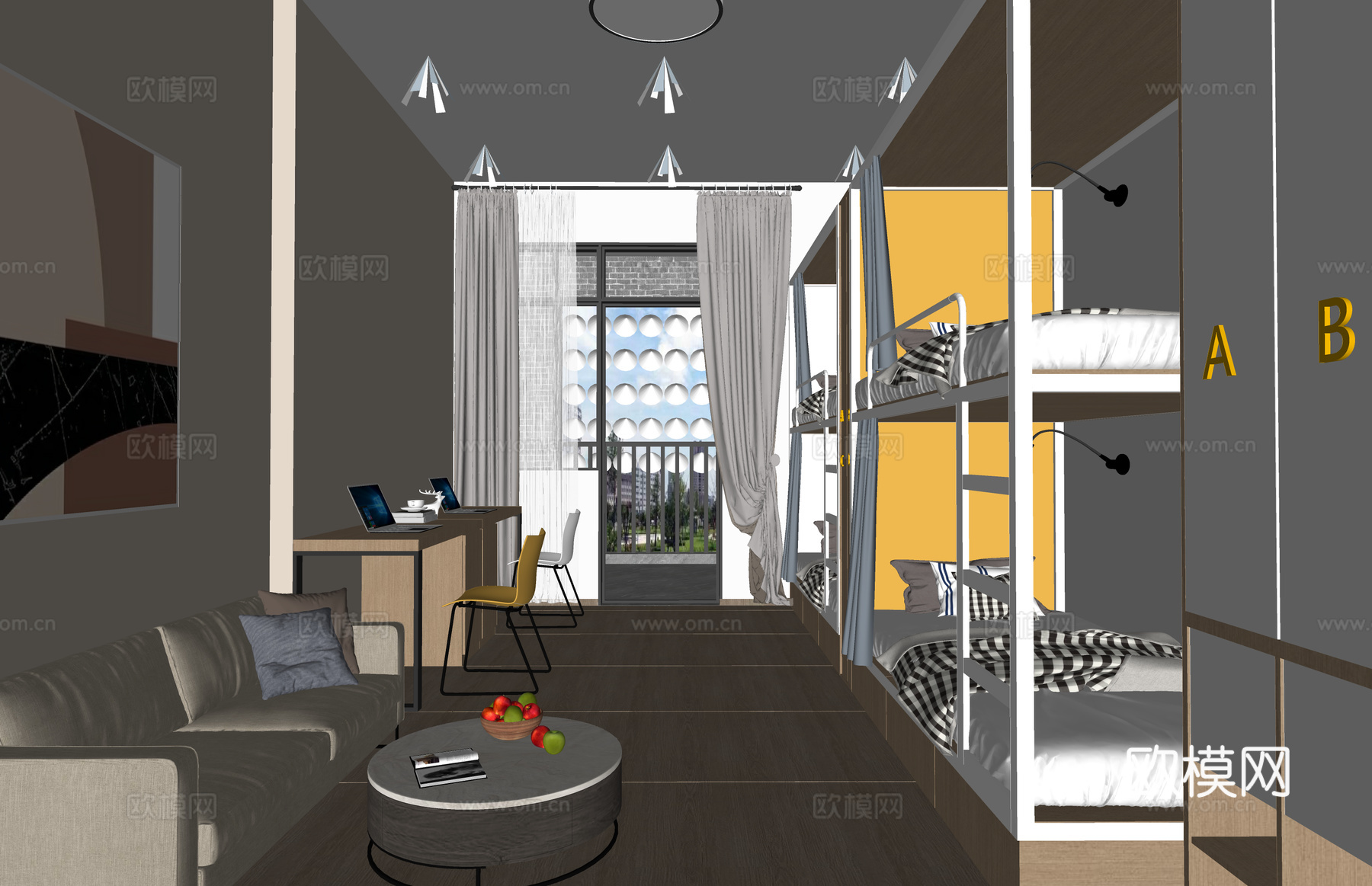 公寓 家装 上下铺 双人间 工装 床 单人间su模型