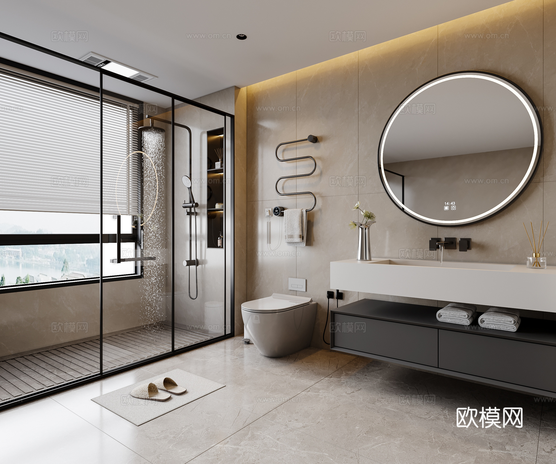 现代简约卫生间 浴室柜 马桶 花洒 淋浴门su模型