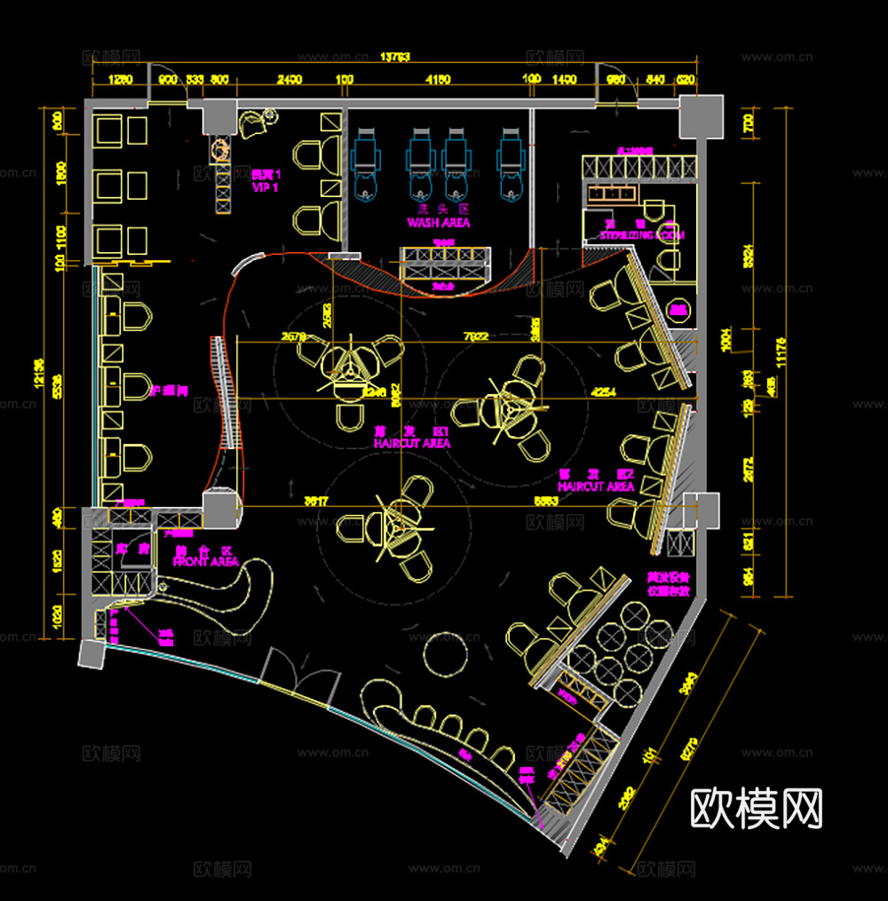 14套理发店发艺平面布局方案cad施工图