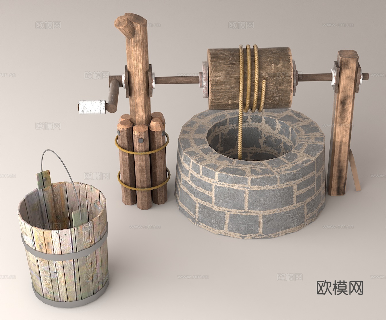 复古设计 乡村元素古井 传统农具 历史物件 水井 木桶3d模型下载