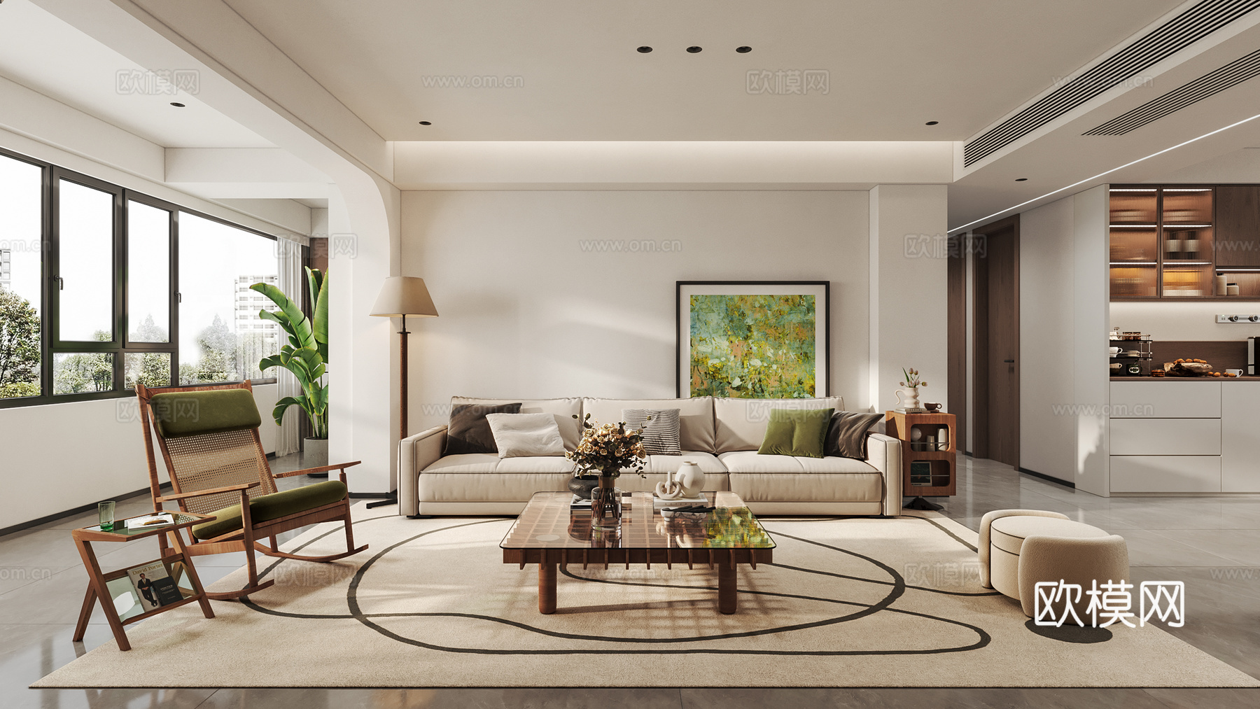 现代中古风客厅3d模型下载