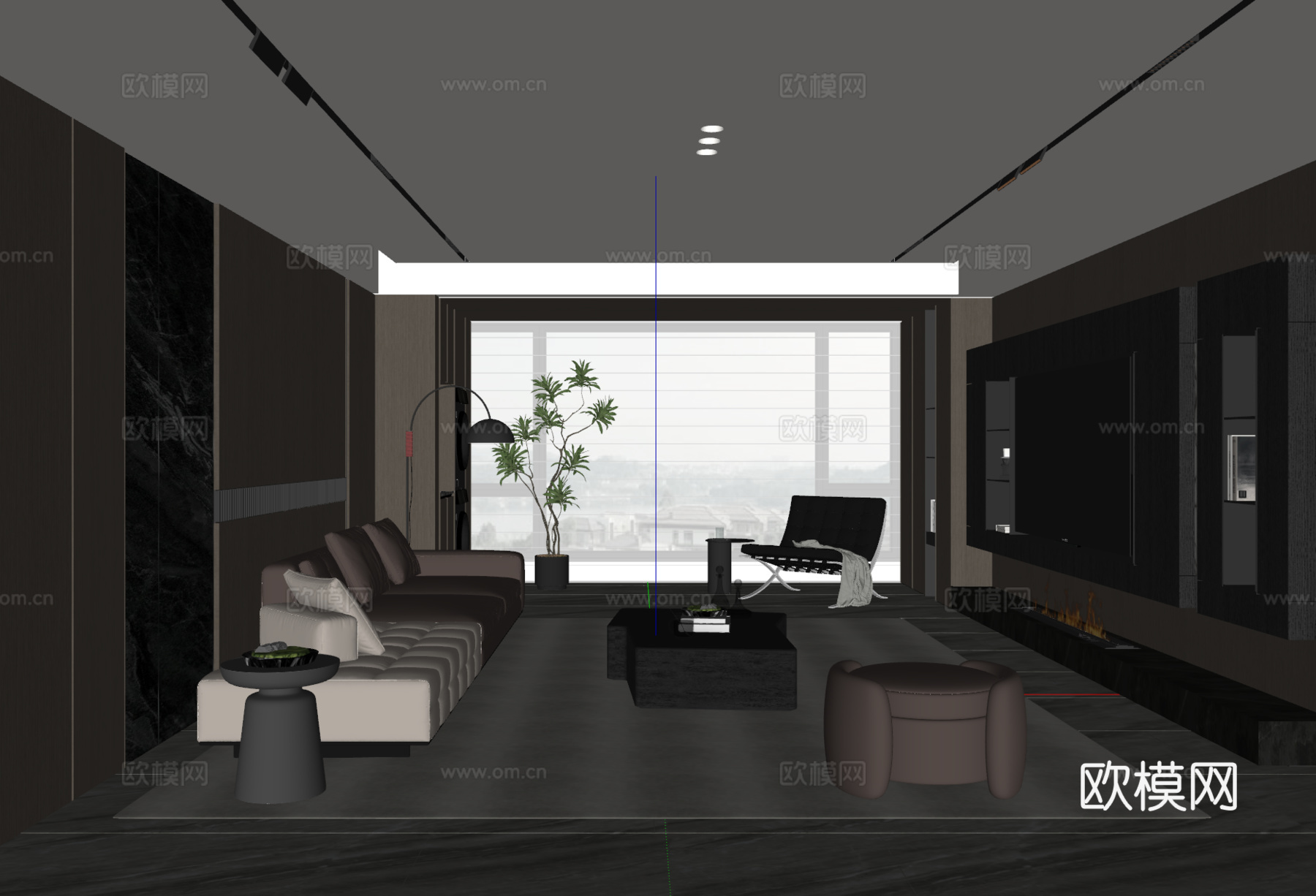 现代意式客厅 沙发茶几 电视背景墙 多人沙发 休闲椅 落地灯su模型