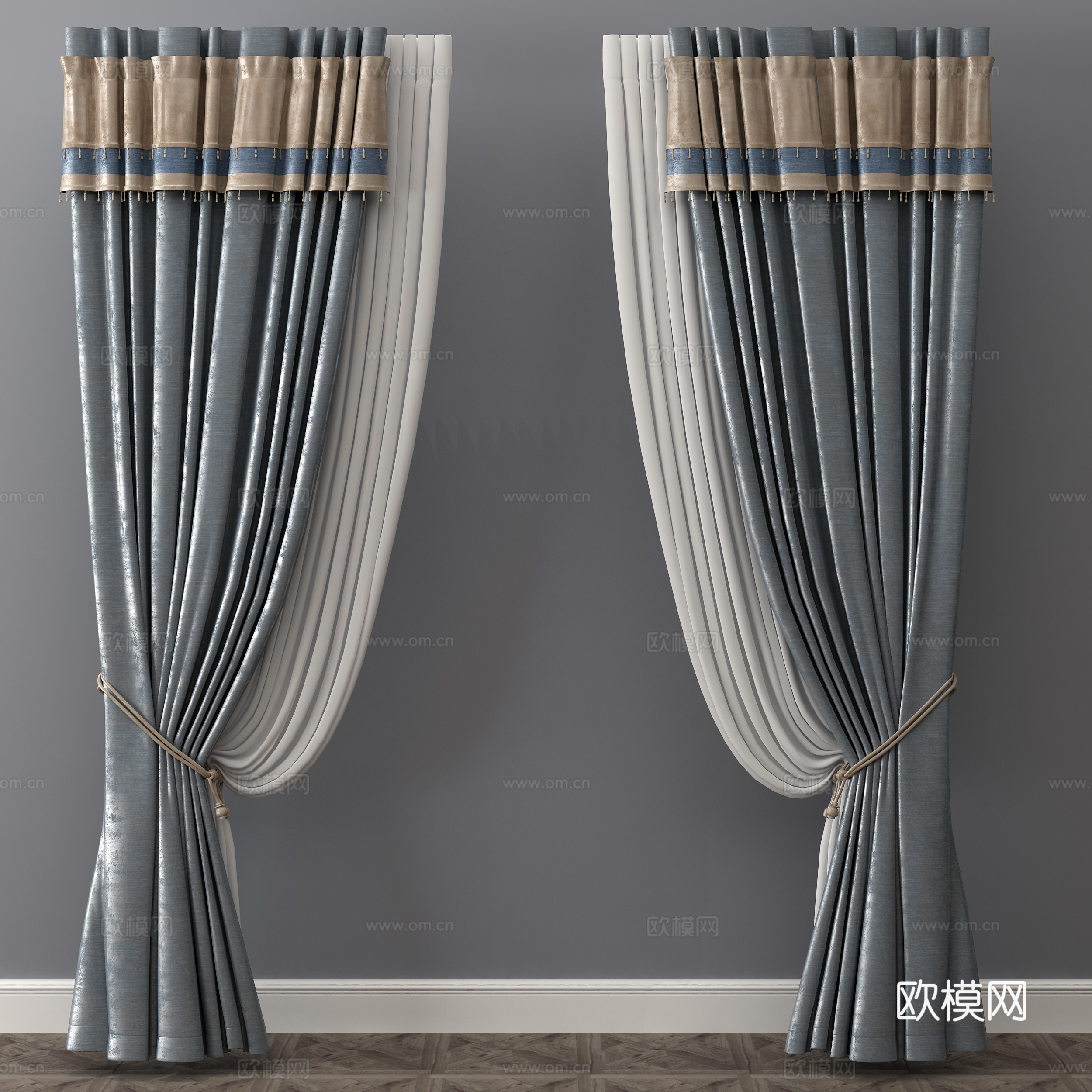 欧式古典窗帘 挂帘 双层帘 纱帘 布帘3d模型下载