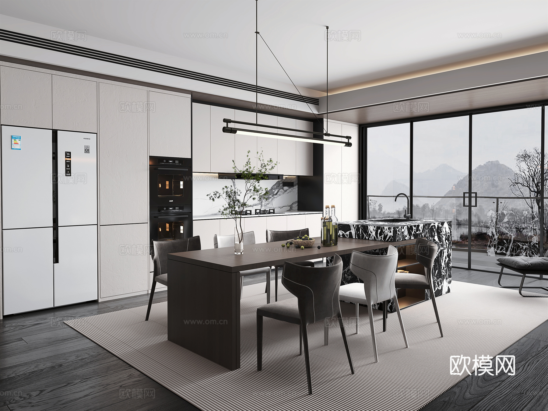 现代开放式厨房 橱柜 岛台 餐椅 厨房电器 餐厅吊灯su模型