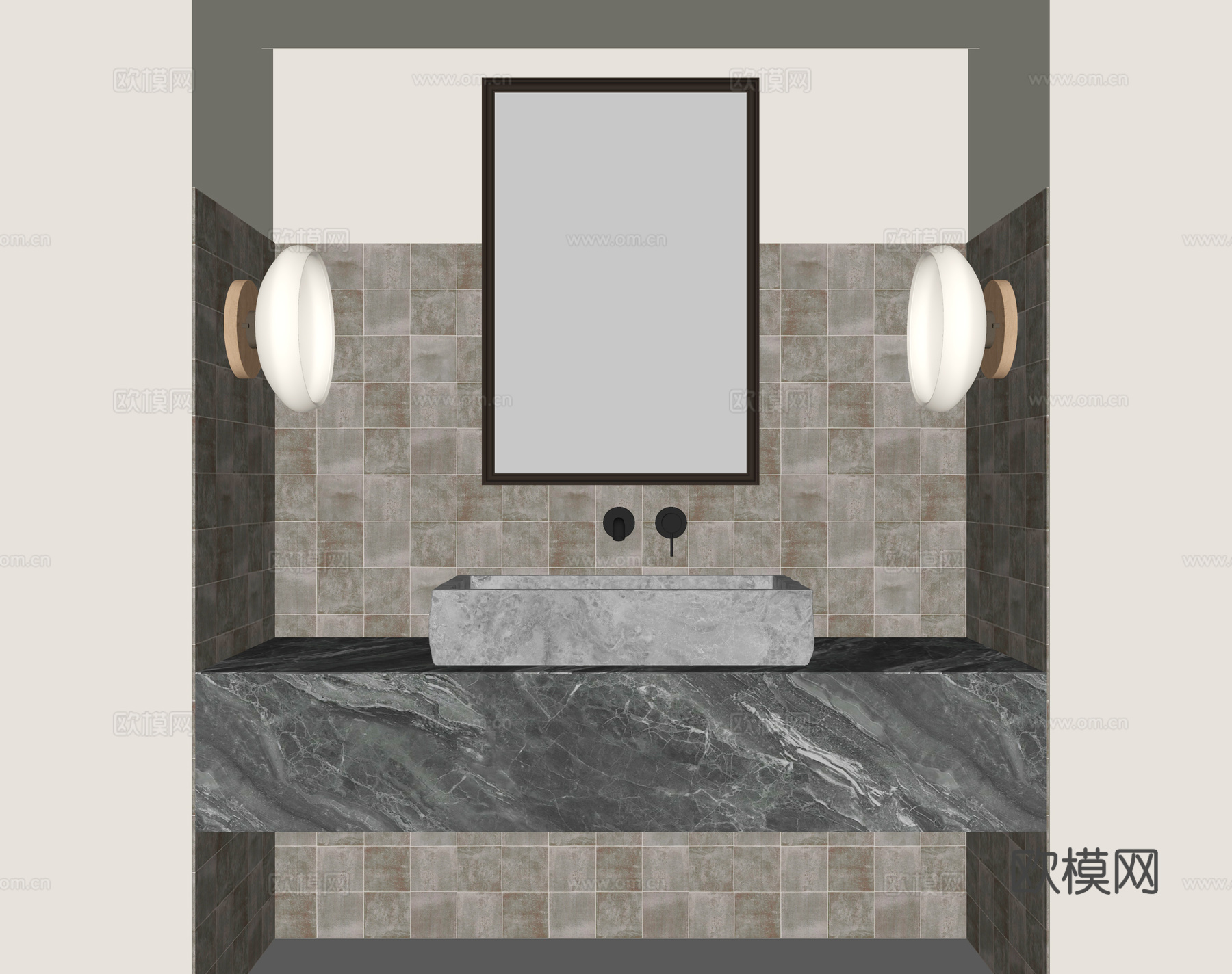 现代洗手台 台上盆 水龙头 镜子 壁灯su模型