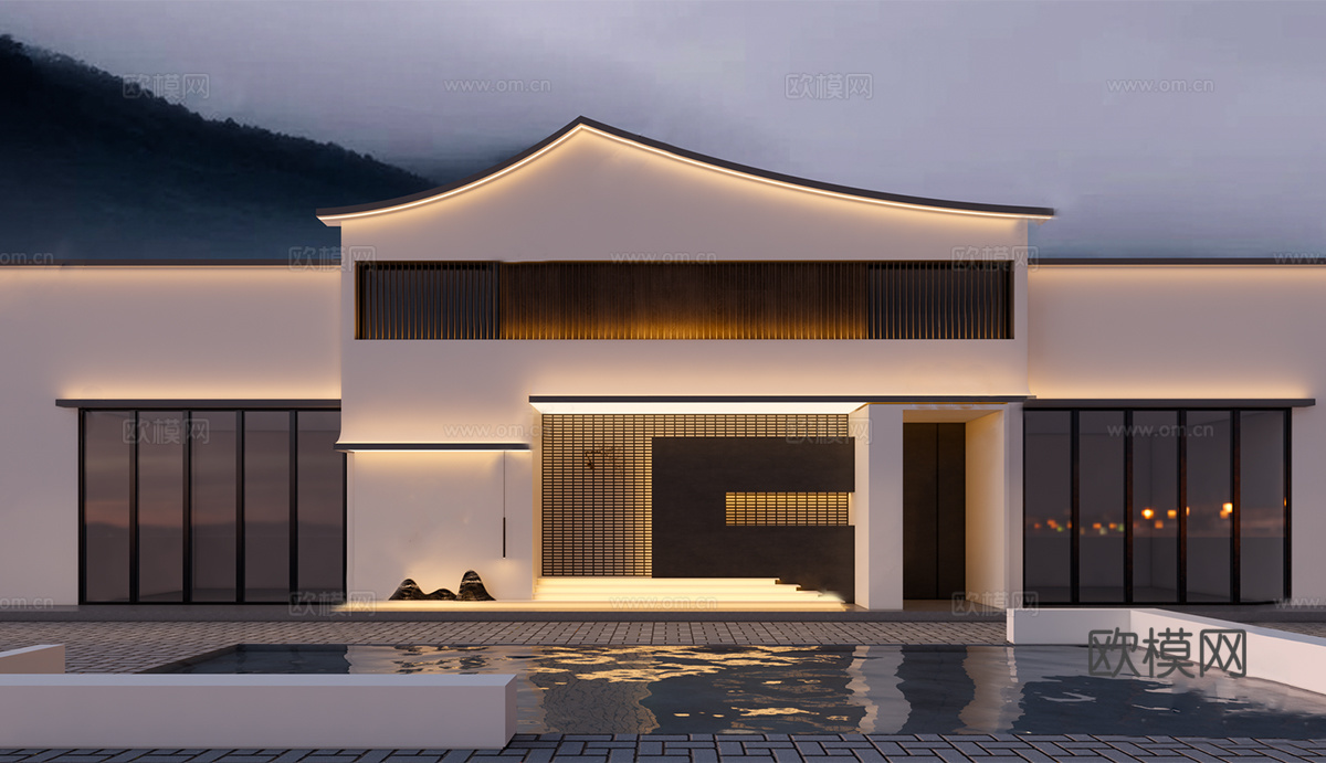 新中式餐厅门头 店面门头su模型