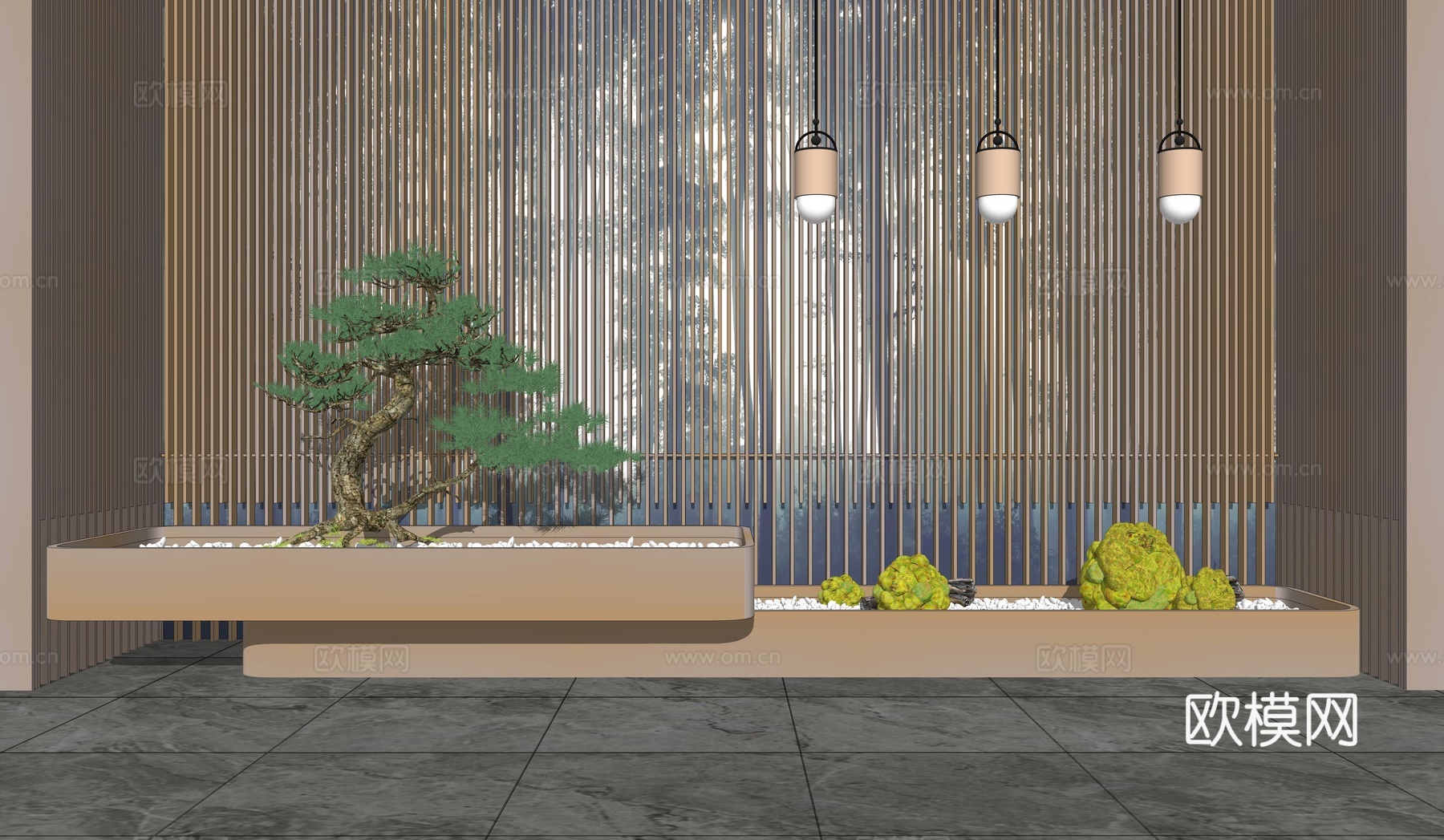 新中式枯山水小景su模型