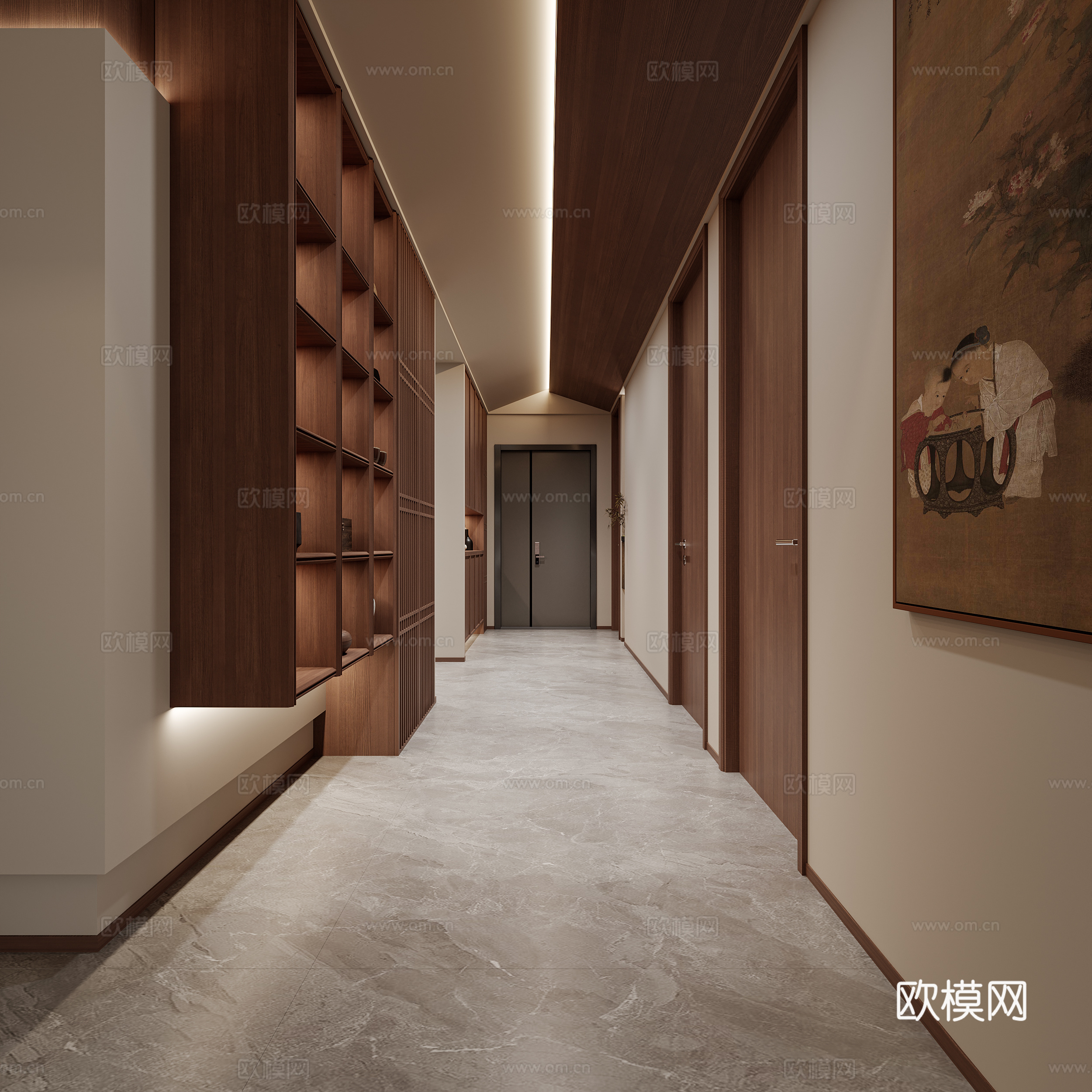 新中式入户玄关 走廊过道 玄关柜  新中式陶瓷摆件3d模型下载（渲染图1）