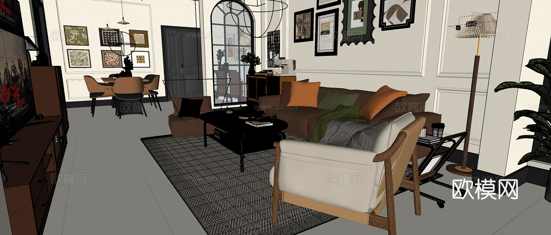 复古风客厅、木色客厅、su模型