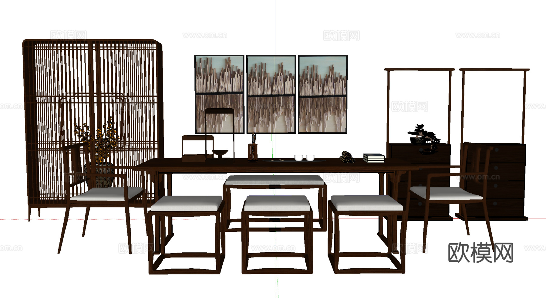 中式茶桌椅su模型