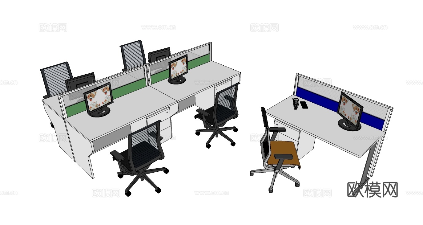 办公工位 办公班台 办公家具 工位 办公室su模型