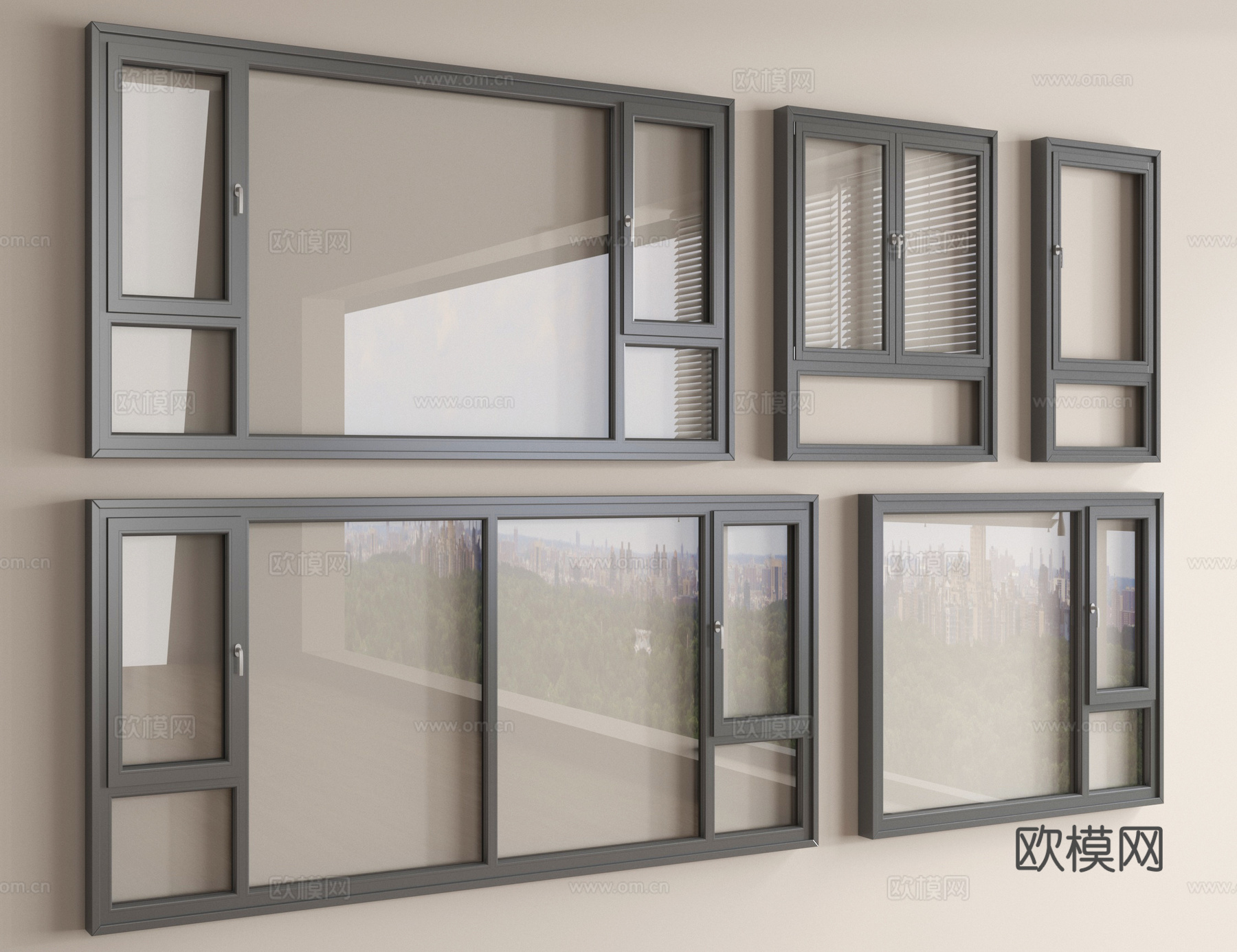 现代窗组合 平开窗 落地窗 阳台窗su模型