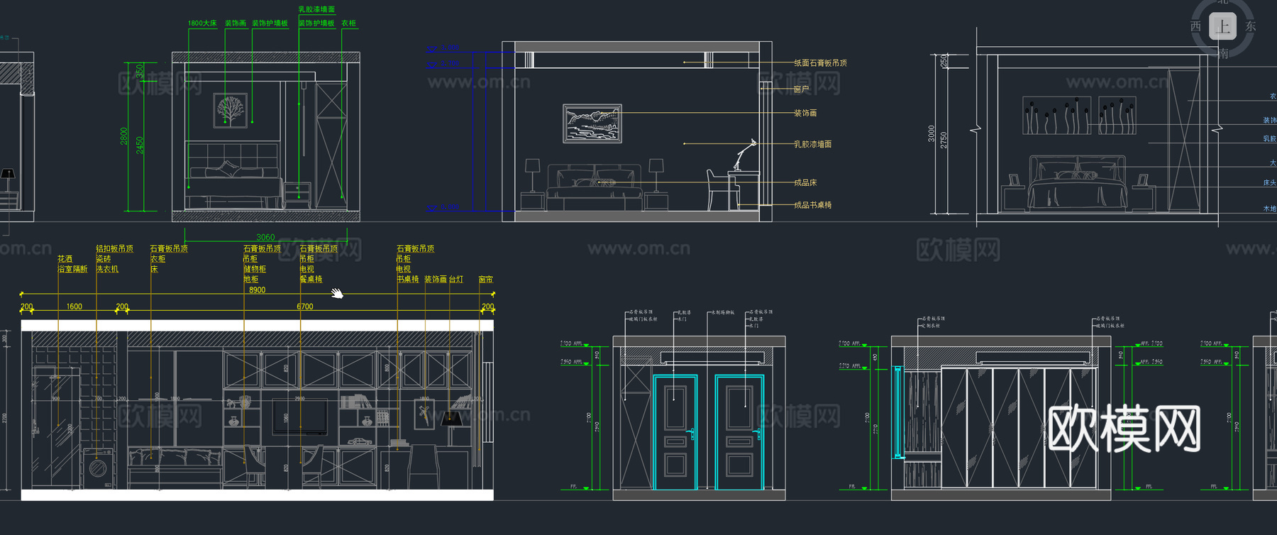 卧室立面图卧室背景墙书房立面图书架施工图主卧次卧书房立面图cad施工图