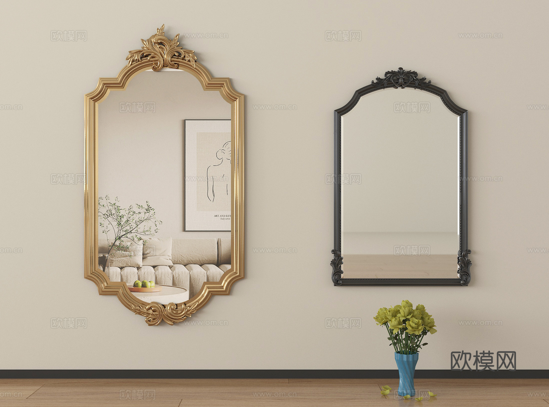 法式镜子 化妆镜 浴室镜 异形镜子 装饰镜su模型