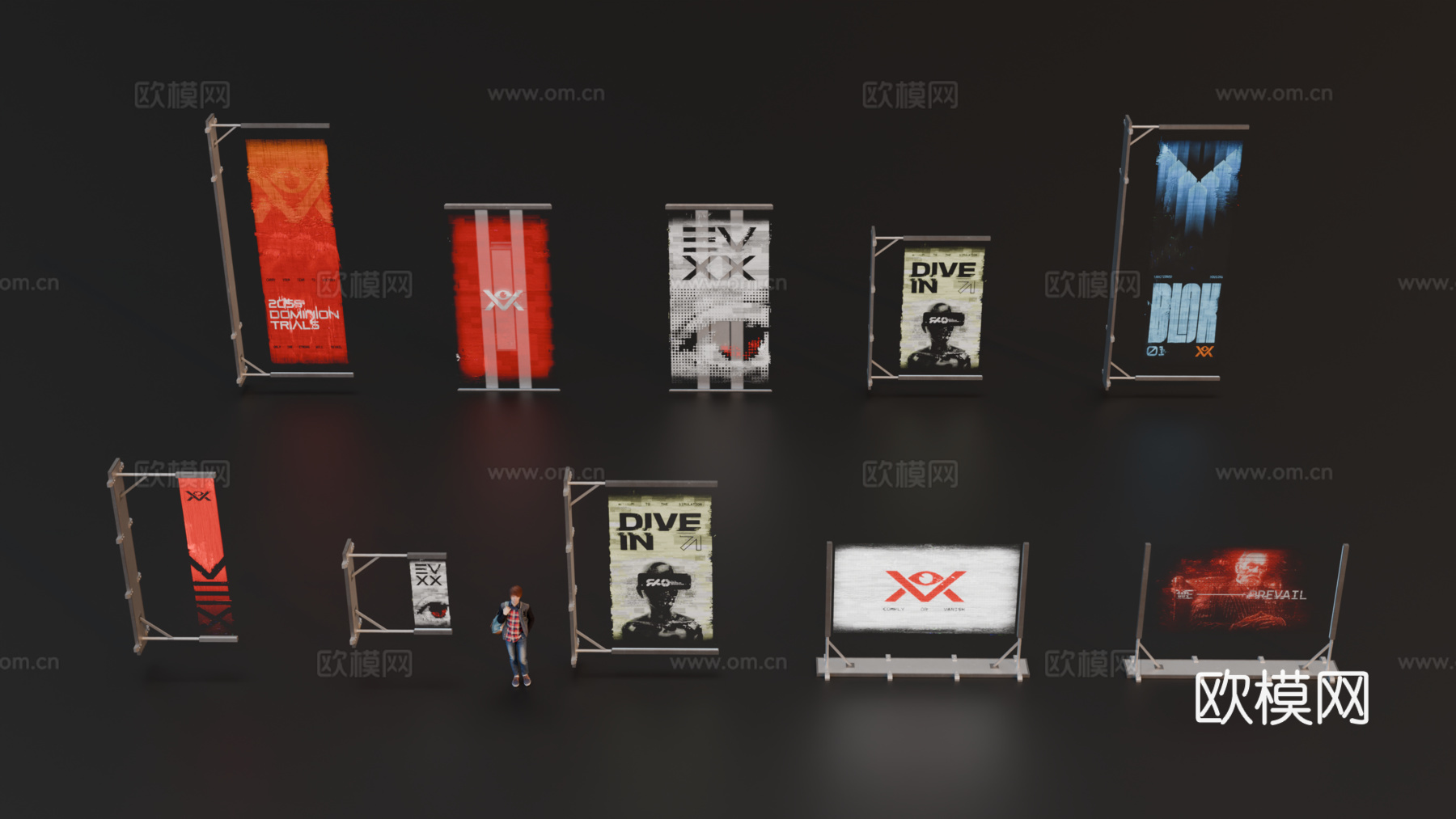 广告展示架 赛博朋克广告 街道广告架 广告画投影 数字广告投su模型