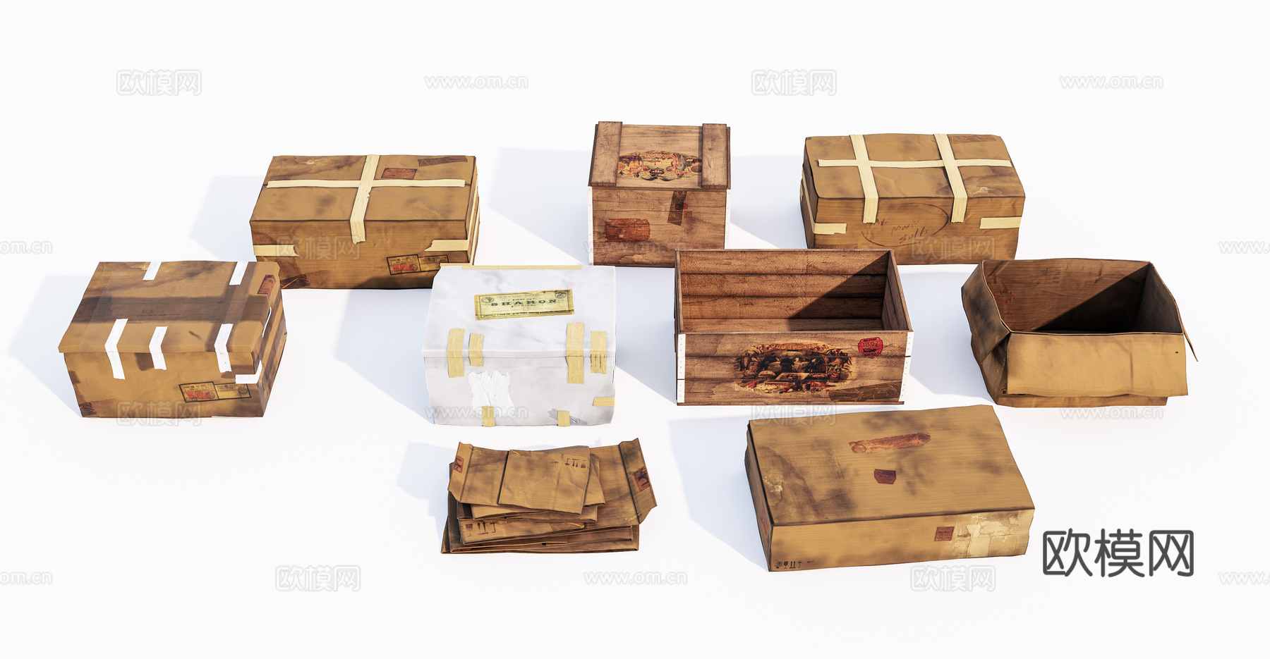 现代旧纸盒木箱组合su模型