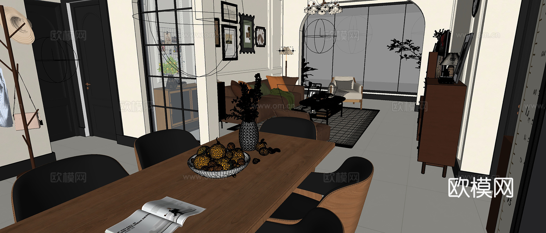 复古风客厅、木色客厅、su模型