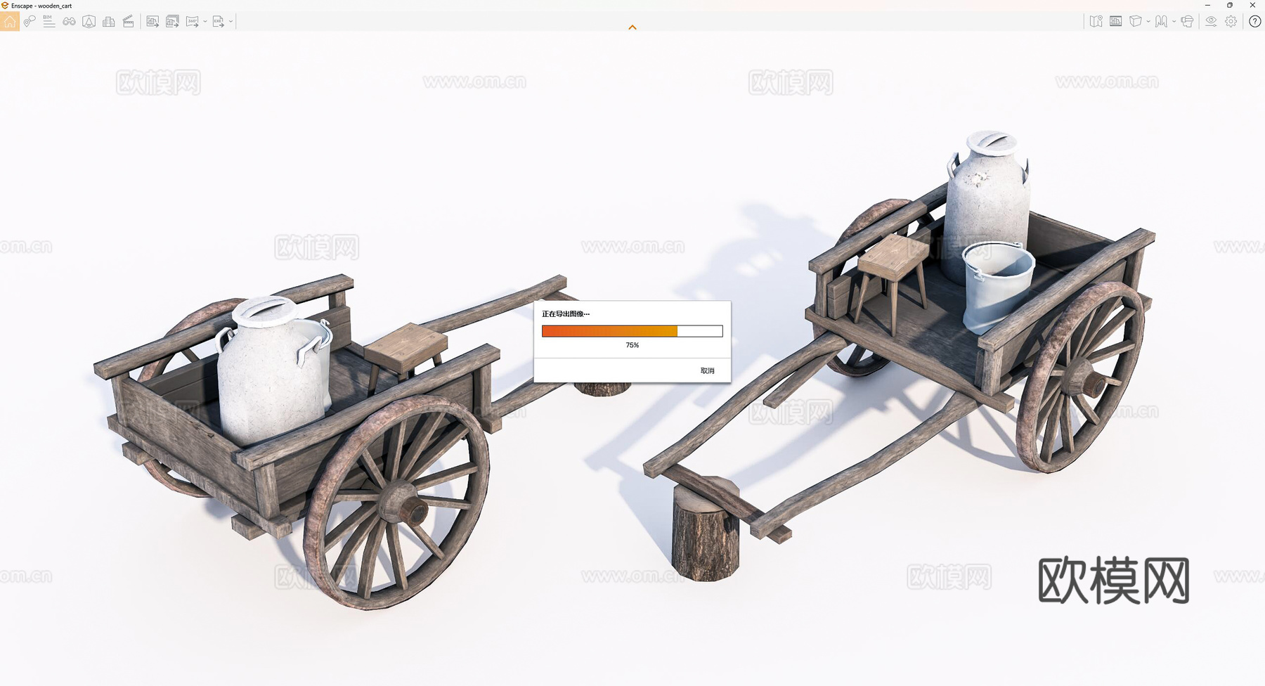 老式木推车 木车su模型