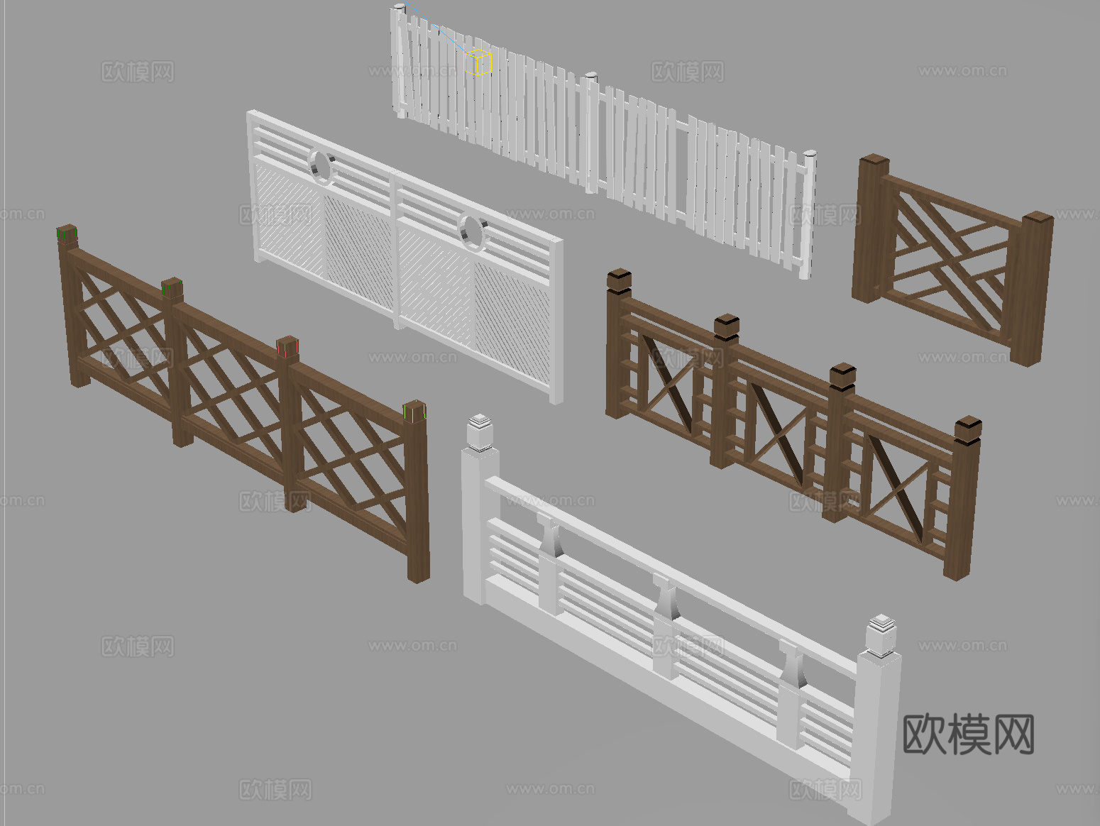中式围栏护栏 庭院木篱笆栅栏 实木栏杆围挡su模型