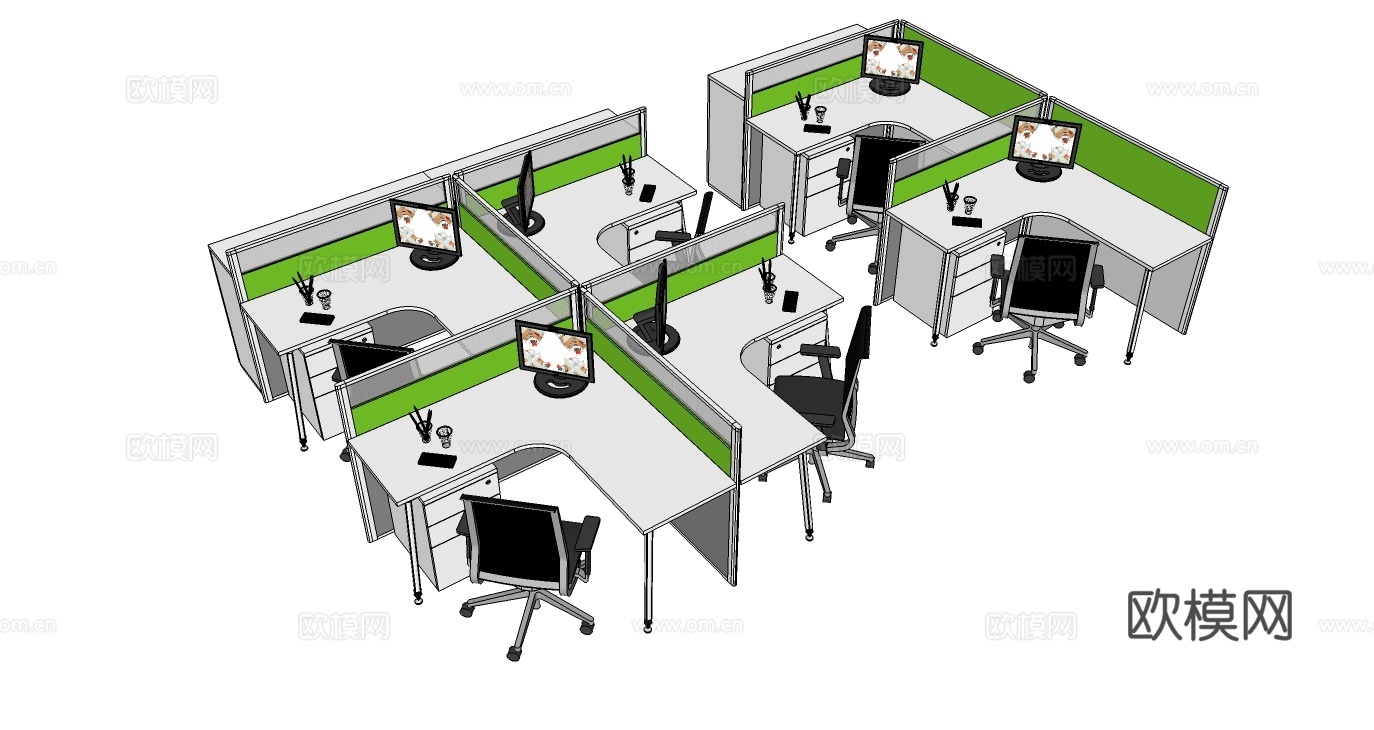 办公工位 办公班台 办公家具 工位 转角工位 文件柜su模型