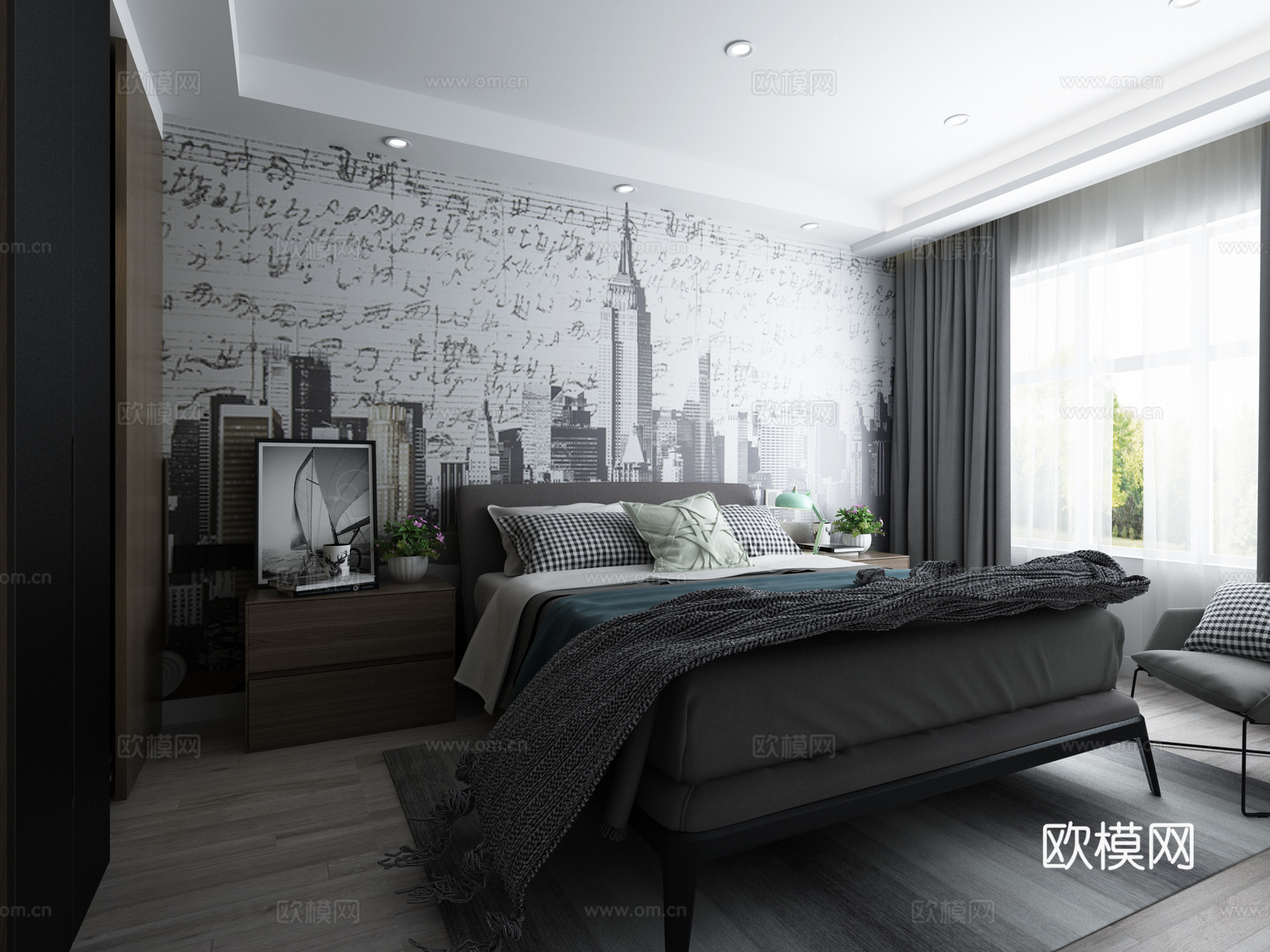 现代主卧 背景墙 床 衣柜 床头柜 灰色系现代简约轻奢3d模型下载（渲染图2）