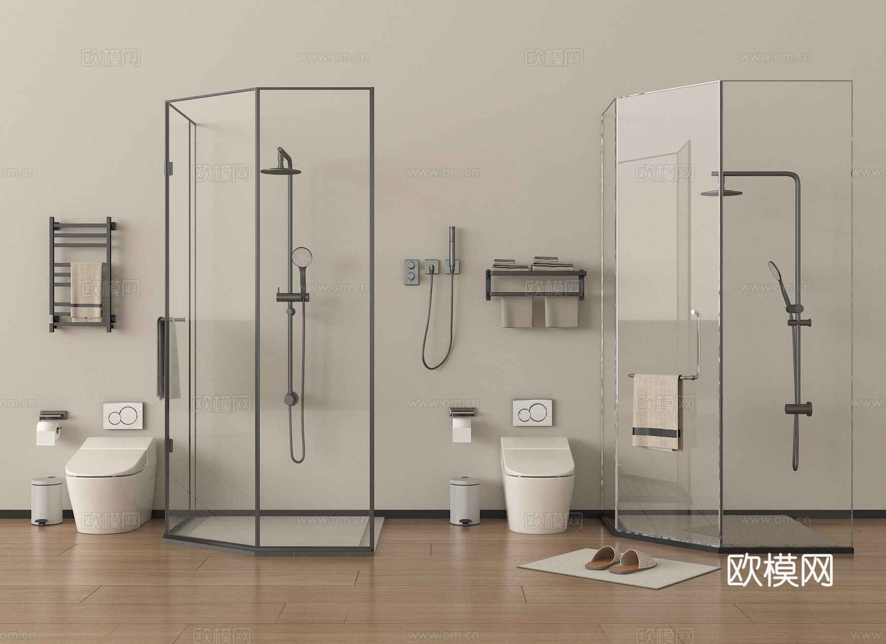 现代淋浴间淋浴隔断 花洒毛巾架马桶su模型