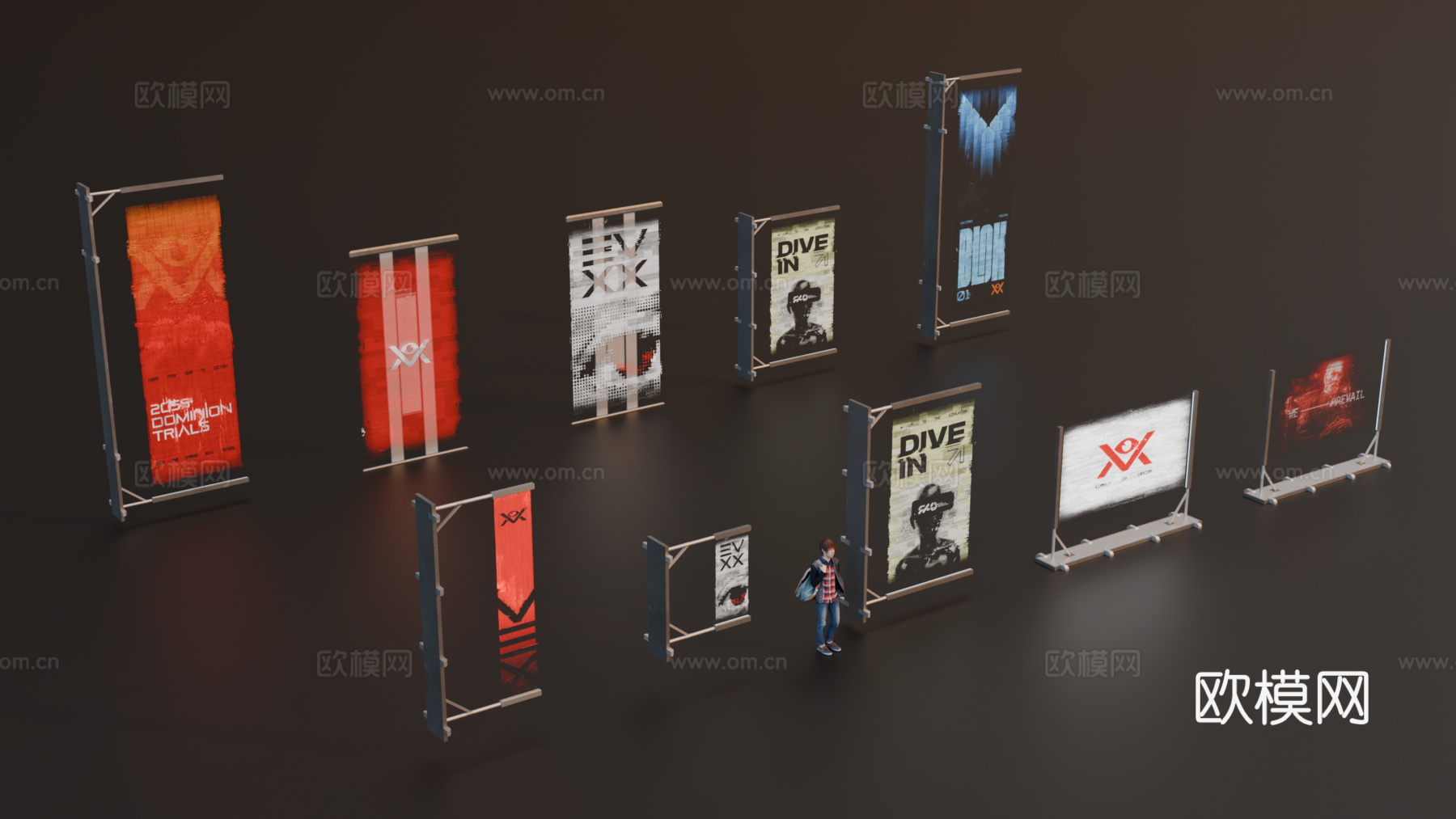 广告展示架 赛博朋克广告 街道广告架 广告画投影 数字广告投su模型