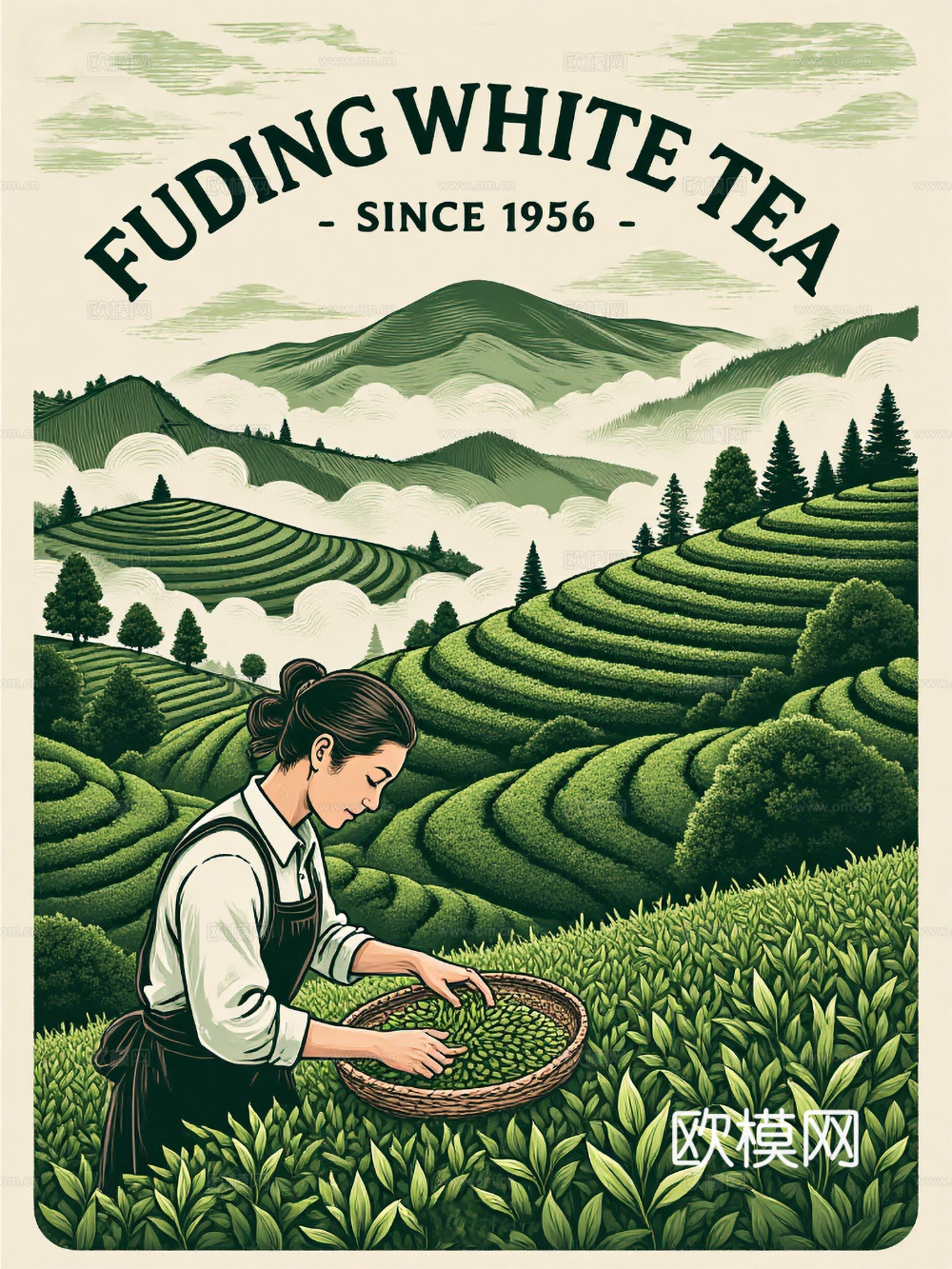 复古插画 采茶 装饰画