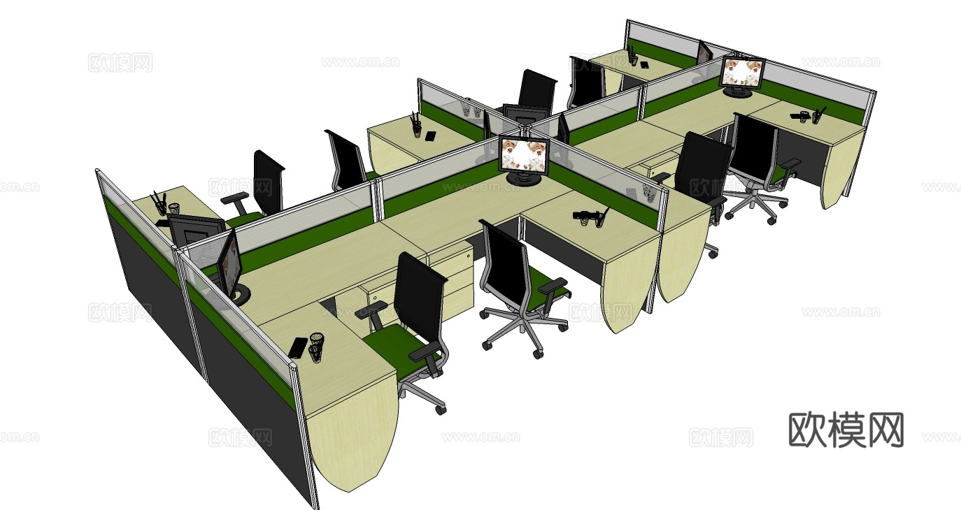 办公工位 办公班台 办公家具 工位 转角工位 文件柜su模型