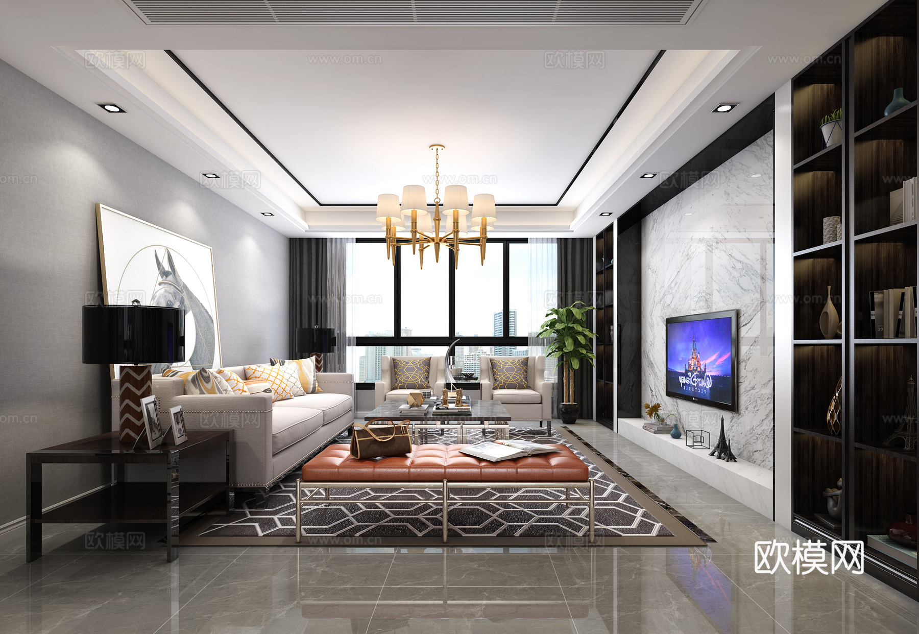 后现代客厅沙发 吊灯3d模型