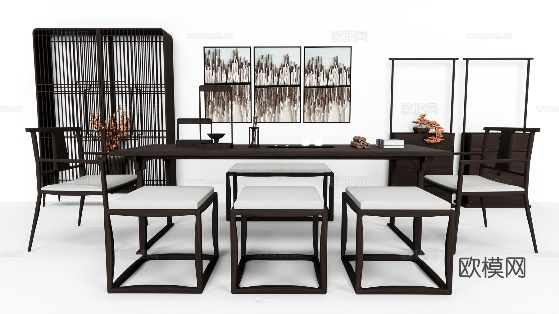 中式茶桌椅su模型