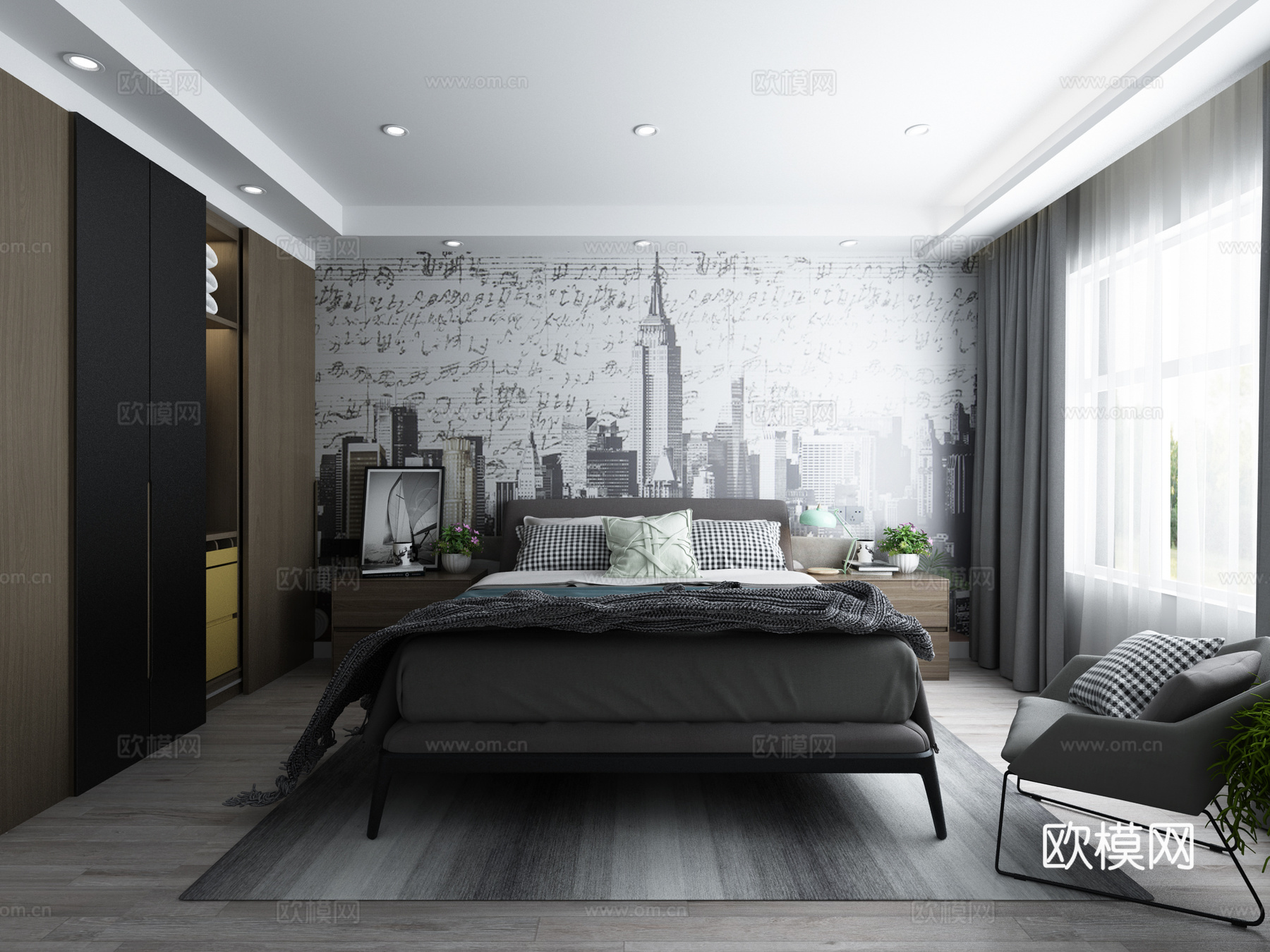 现代主卧 背景墙 床 衣柜 床头柜 灰色系现代简约轻奢3d模型下载（渲染图1）