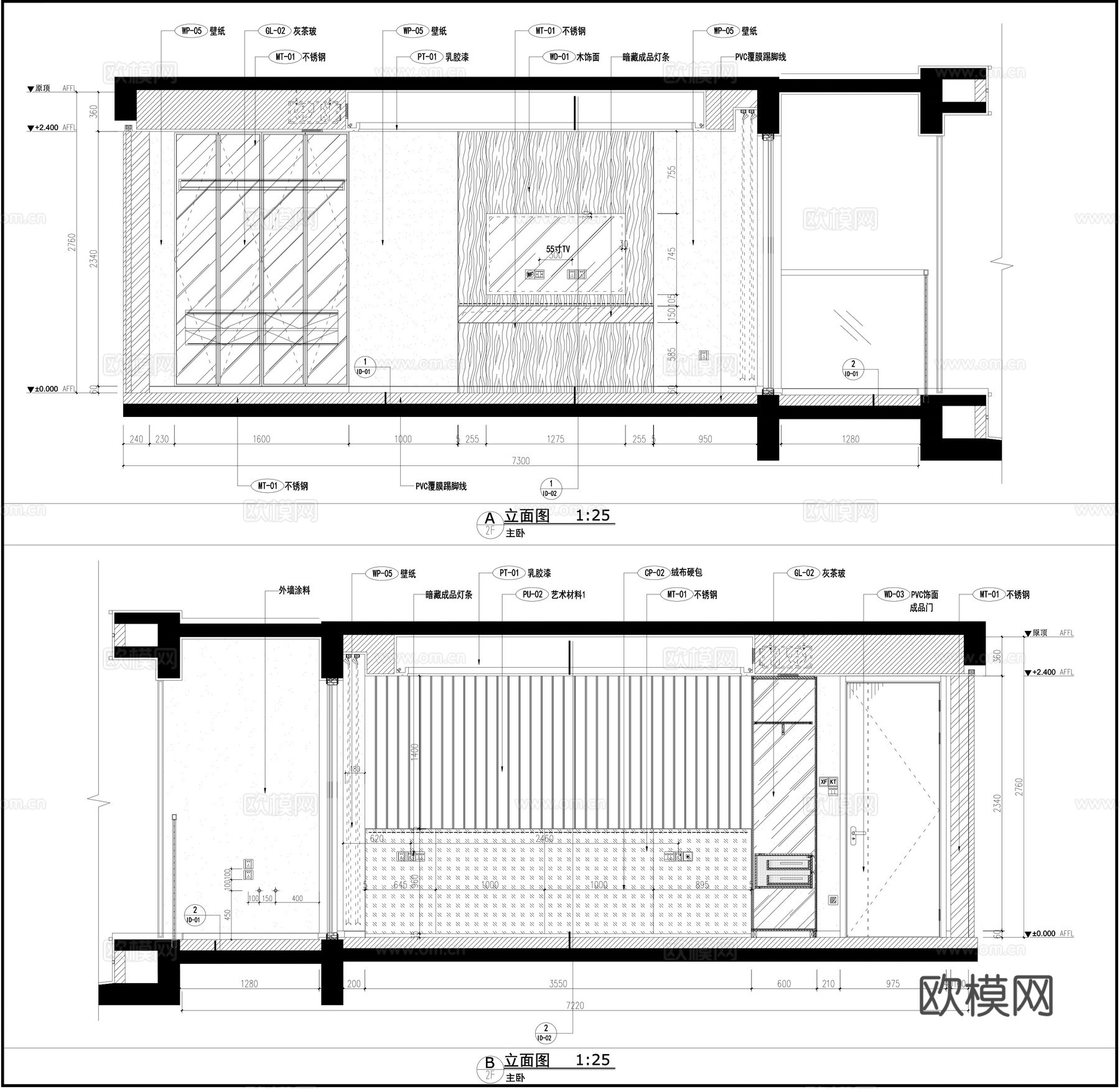 现代卧室 卧室布局图  卧室立面图  节点大样图cad施工图