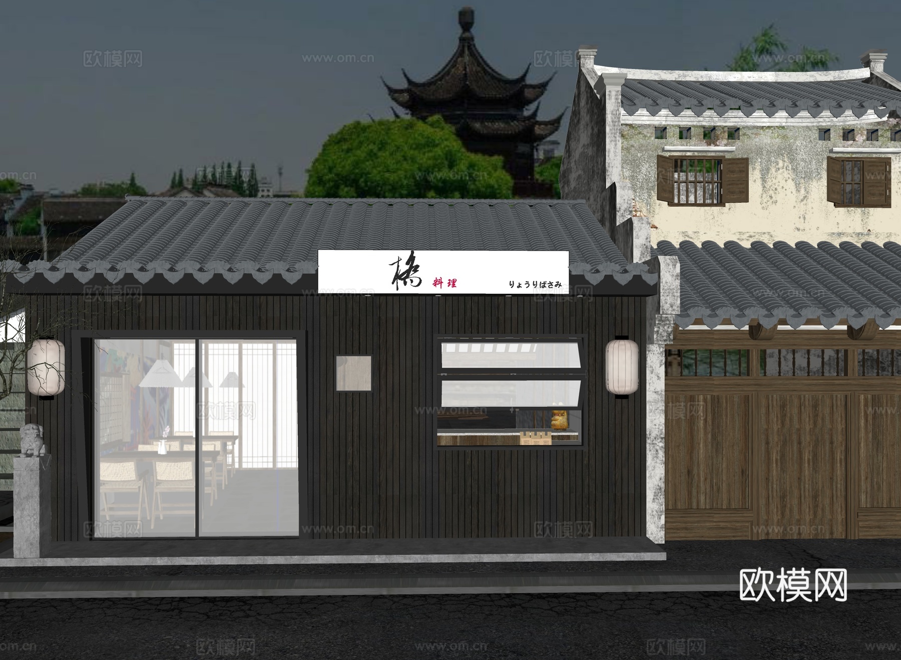 新中式餐饮店门头 餐饮门面su模型