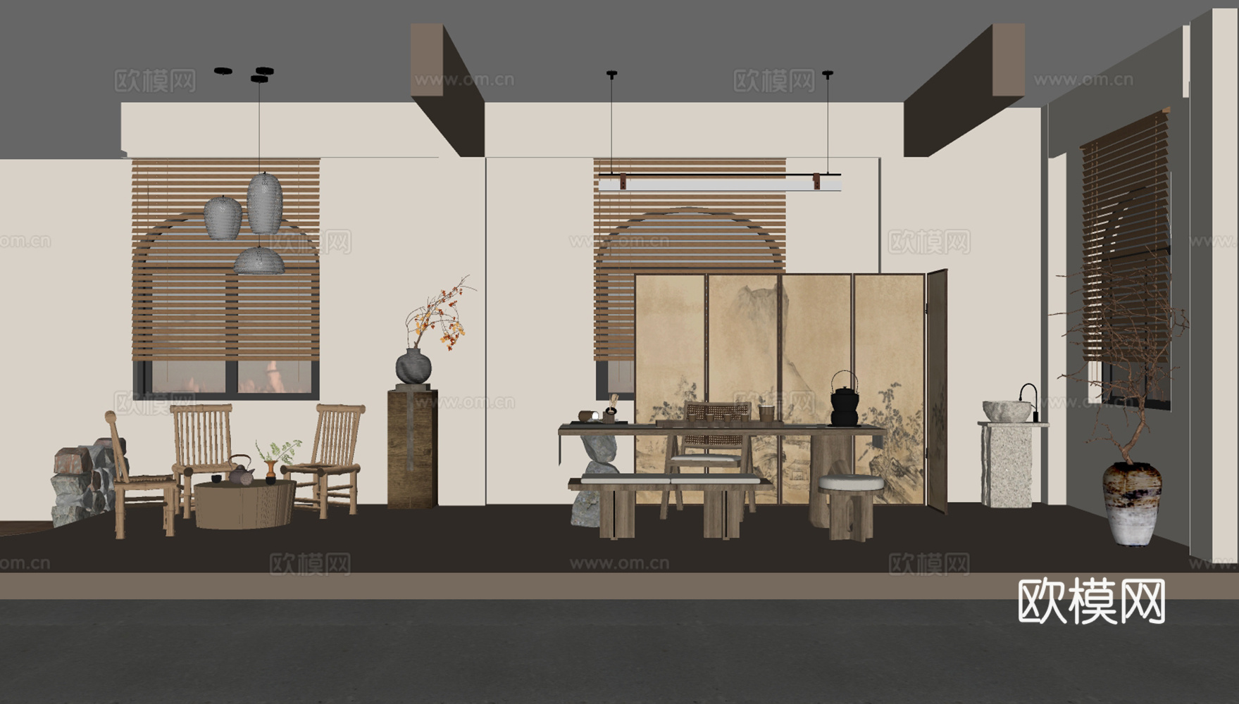 新中式茶馆茶室su模型