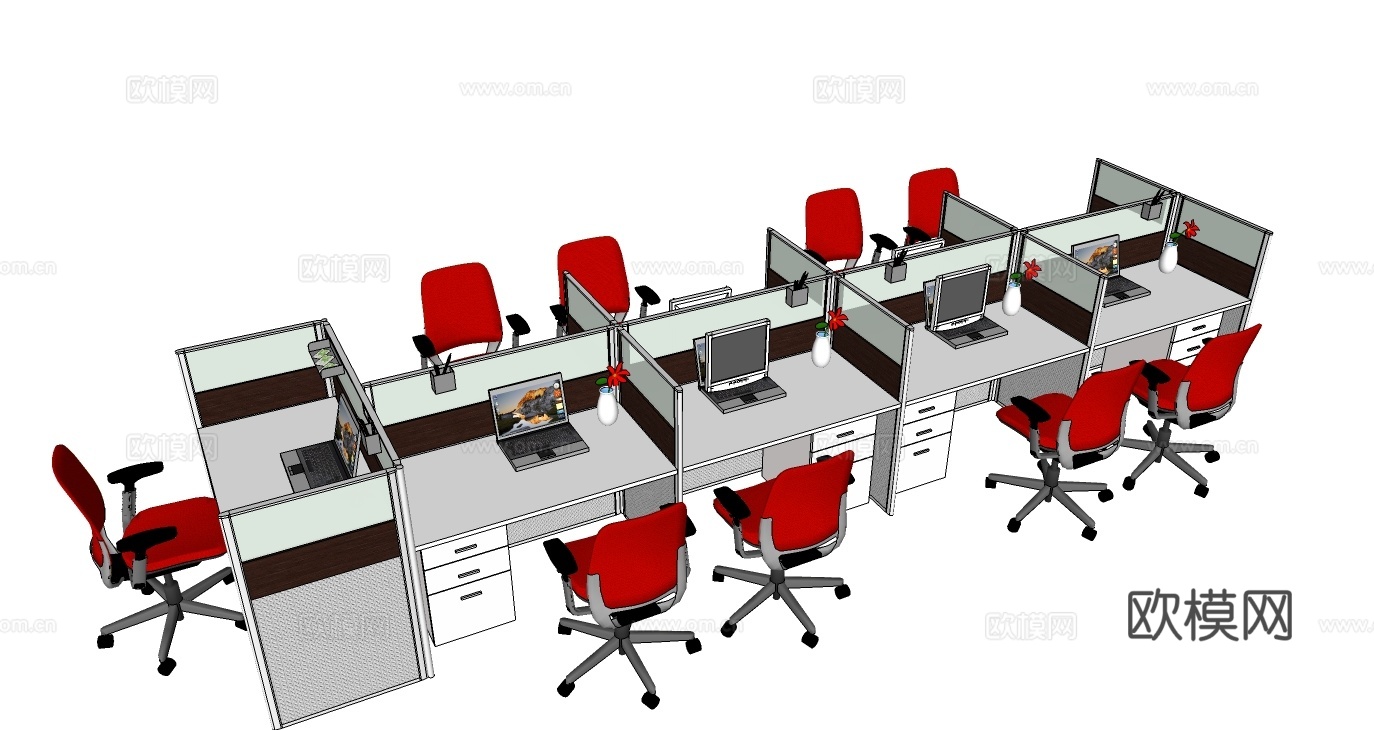 办公工位 办公班台 办公家具 工位 办公室 文件柜su模型