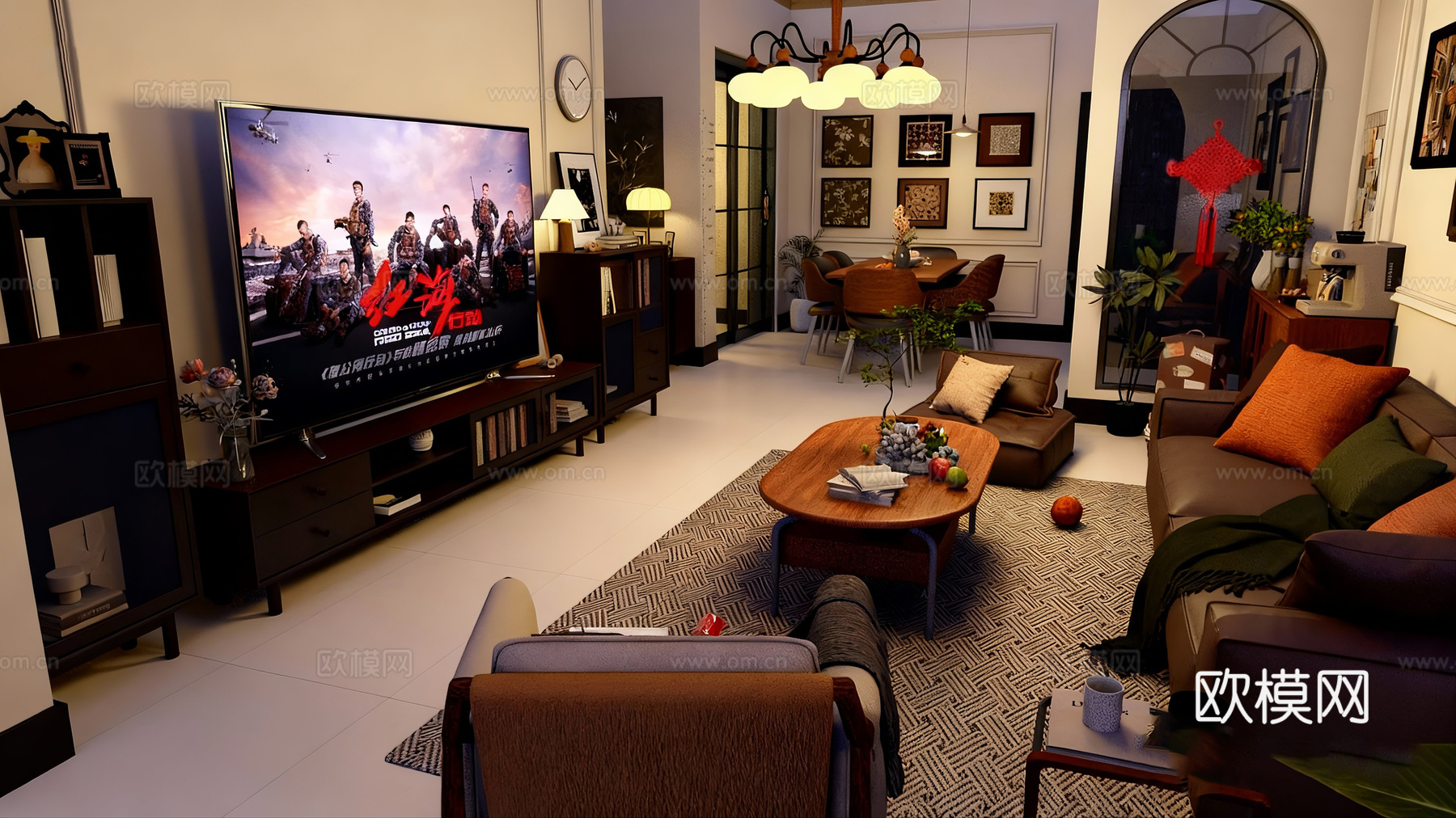 复古风客厅、木色客厅、su模型