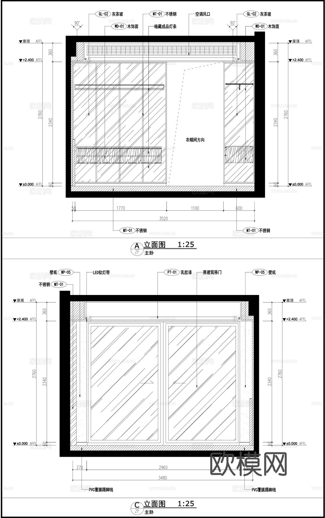 现代卧室 卧室布局图  卧室立面图  节点大样图cad施工图