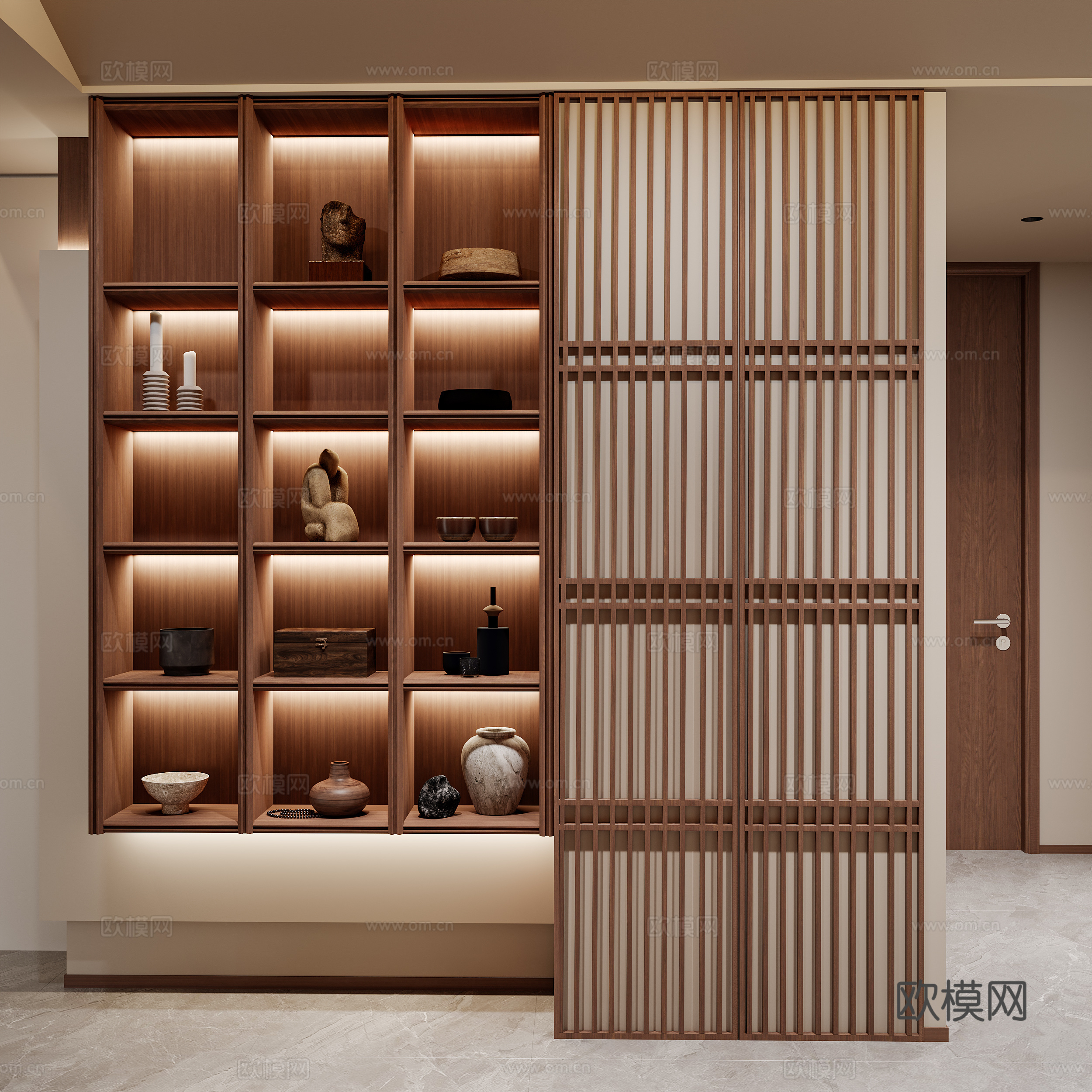 新中式入户玄关 走廊过道 玄关柜  新中式陶瓷摆件3d模型下载（渲染图3）
