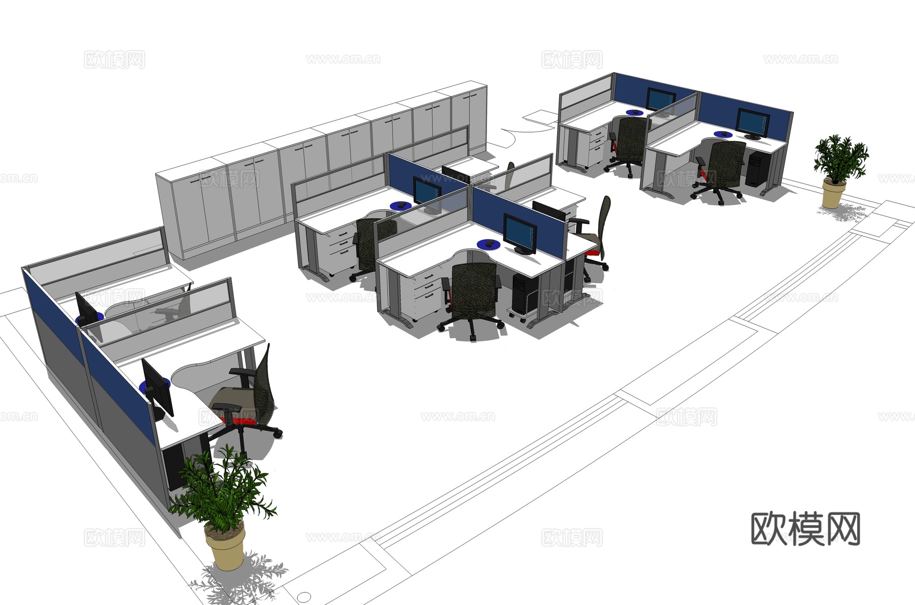 办公工位 办公班台 办公家具 工位 转角工位 文件柜su模型