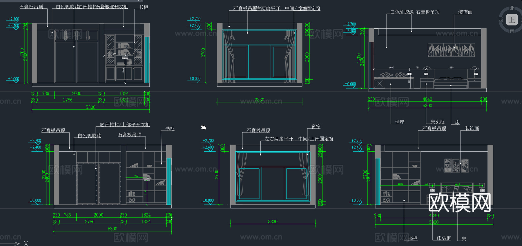 卧室立面图卧室背景墙书房立面图书架施工图主卧次卧书房立面图cad施工图