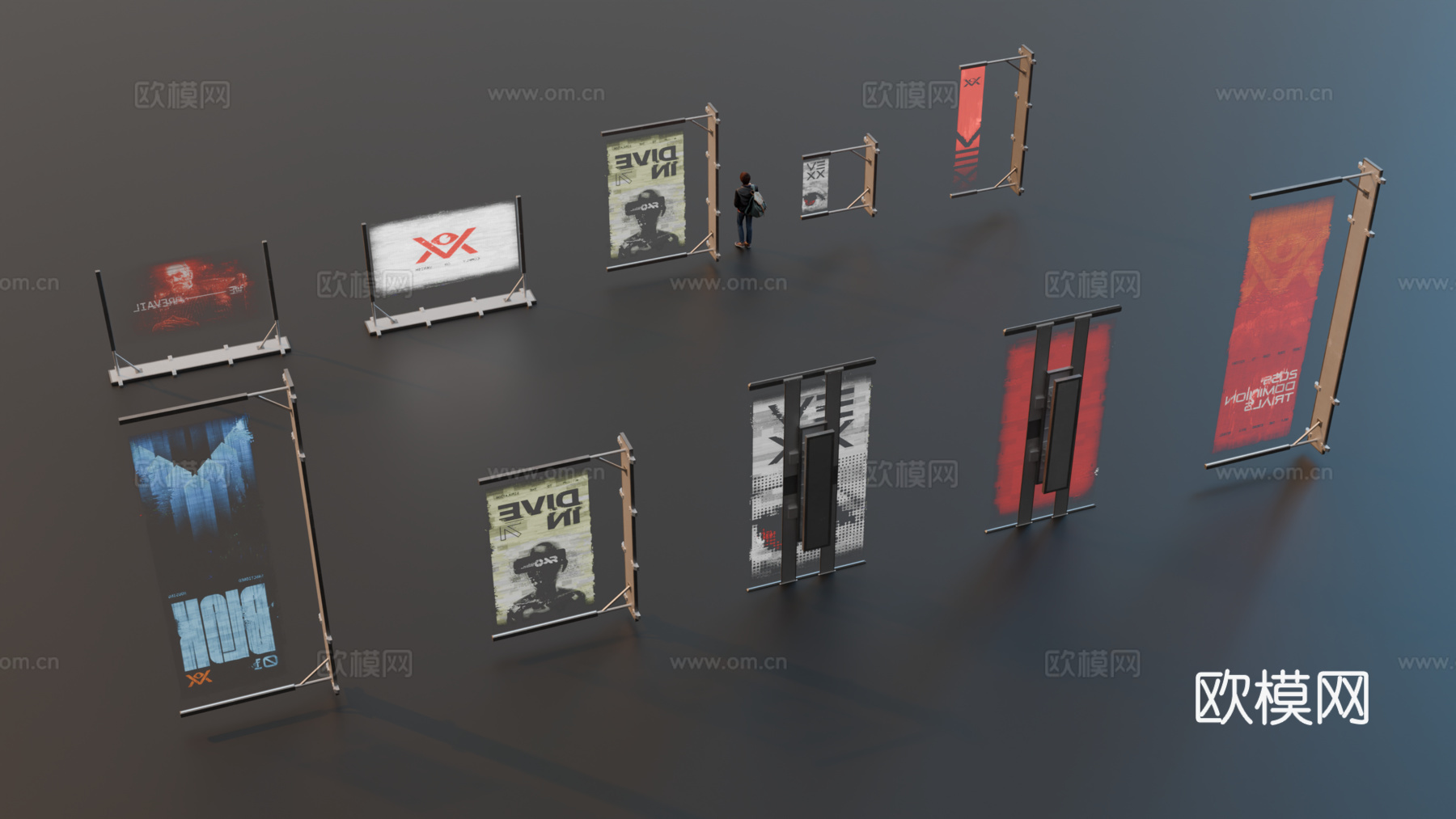 广告展示架 赛博朋克广告 街道广告架 广告画投影 数字广告投su模型