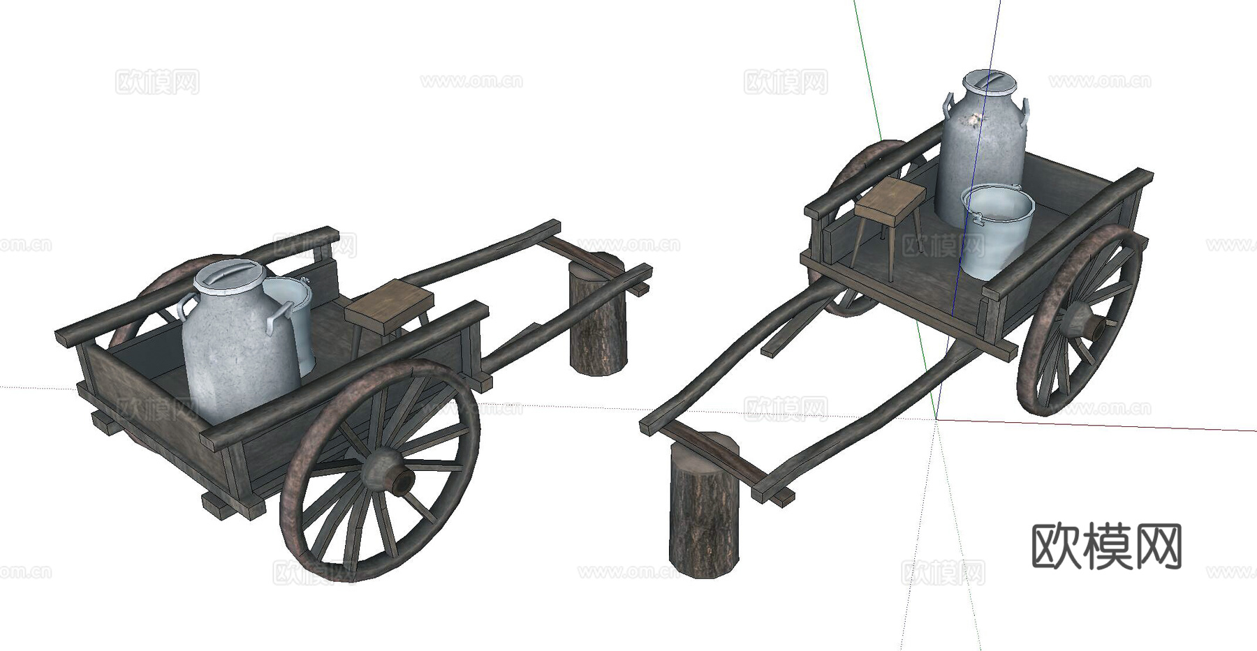 老式木推车 木车su模型