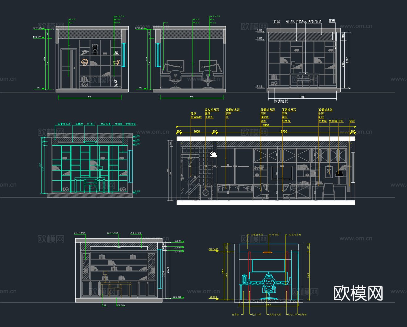 卧室立面图卧室背景墙书房立面图书架施工图主卧次卧书房立面图cad施工图