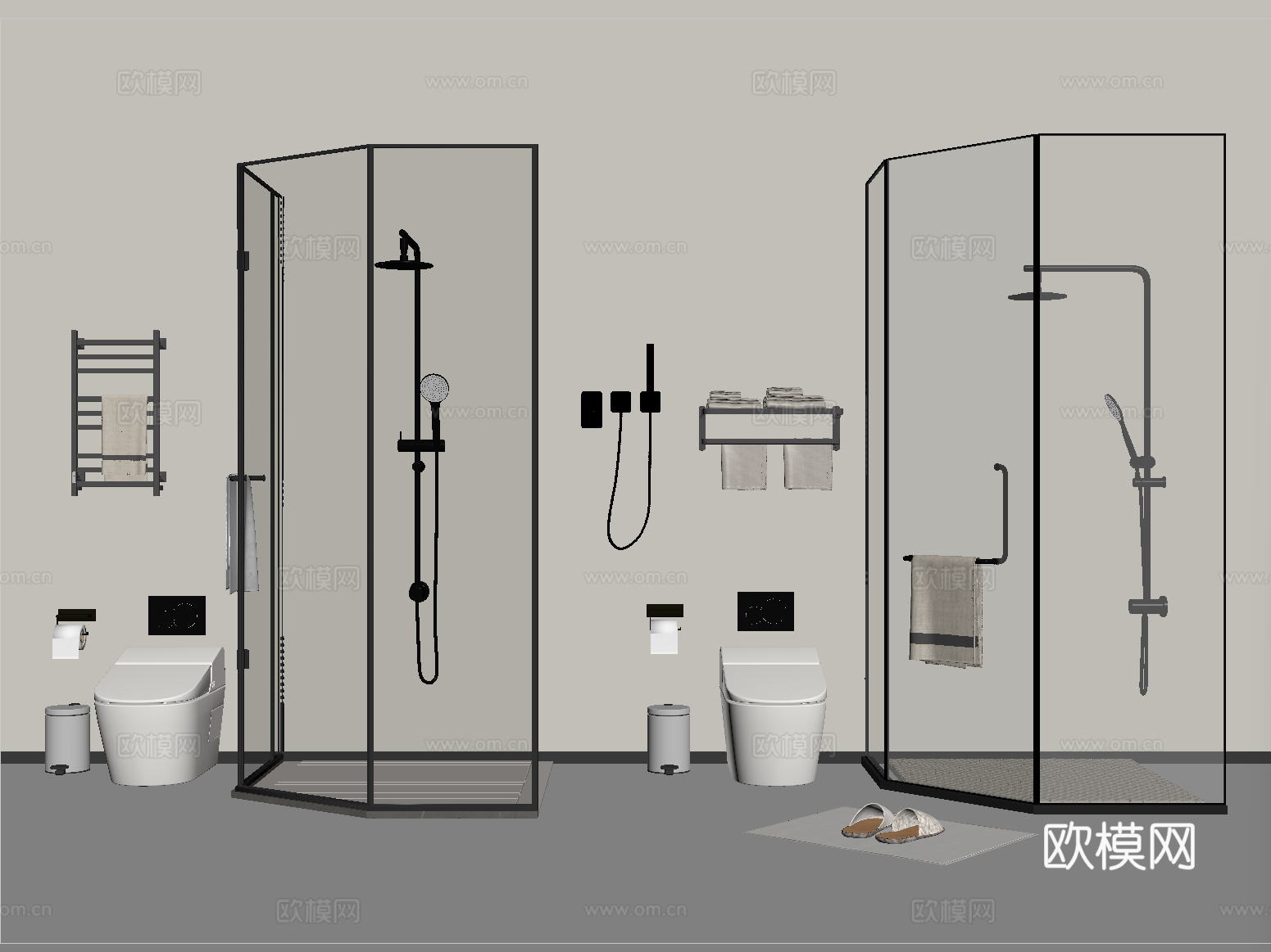 现代淋浴间淋浴隔断 花洒毛巾架马桶su模型