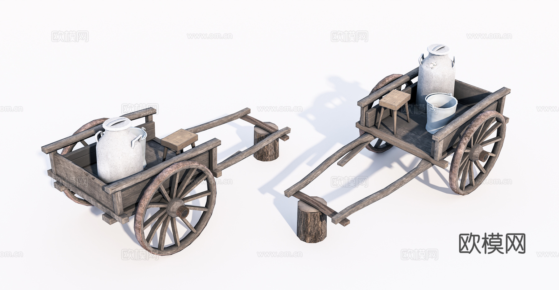 老式木推车 木车su模型